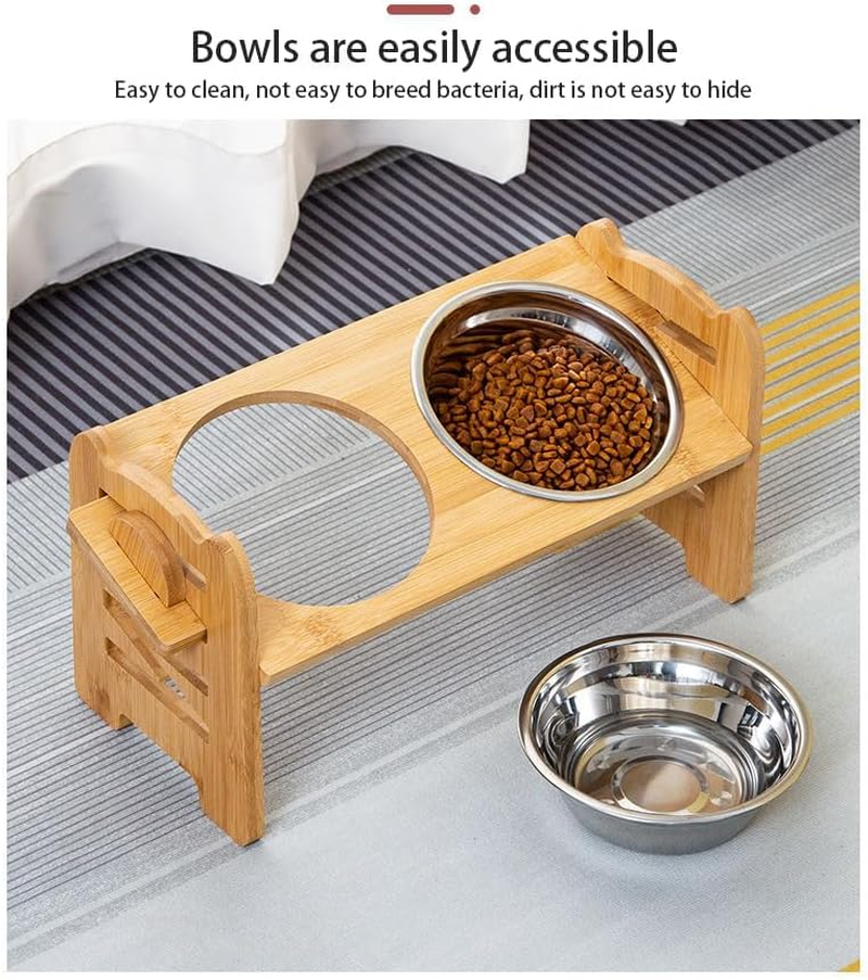 Adjustable Bamboo Pet Feeder Stand 2PCS with Stainless Steel Bowls, Anti-Slip Base & 15&deg; Tilt Angle for Dogs Cats 6-Level Height/Angle Food Bowl Holder, Easy Clean Dog Cat Feeding Station 014