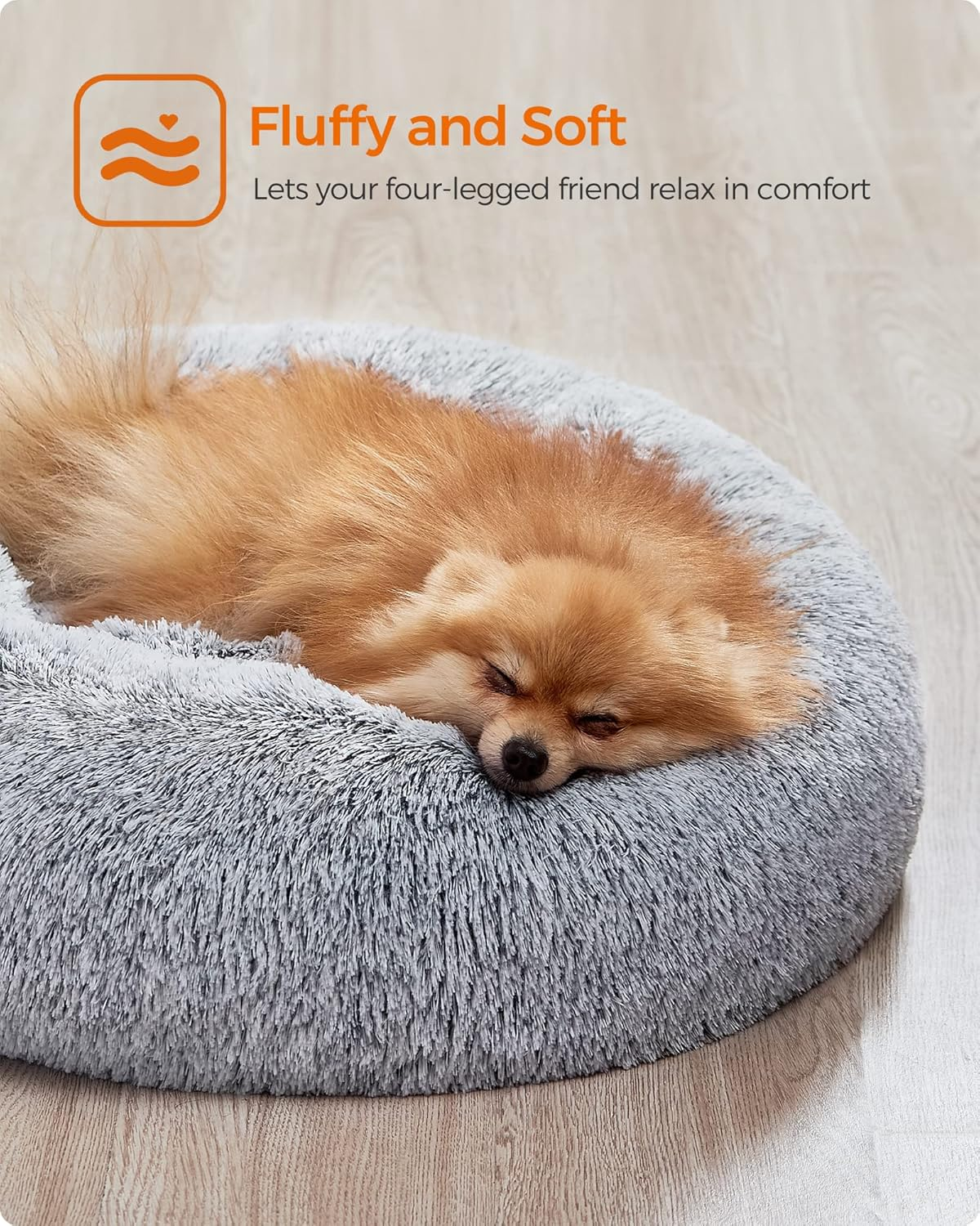 Feandrea Fluffy Dog Bed, Cat Bed, Doughnut Cushion, Washable, Removable Padding in the Centre, Long Plush, 60 Cm Diameter, Ombre Grey PGW038G01 image number 4