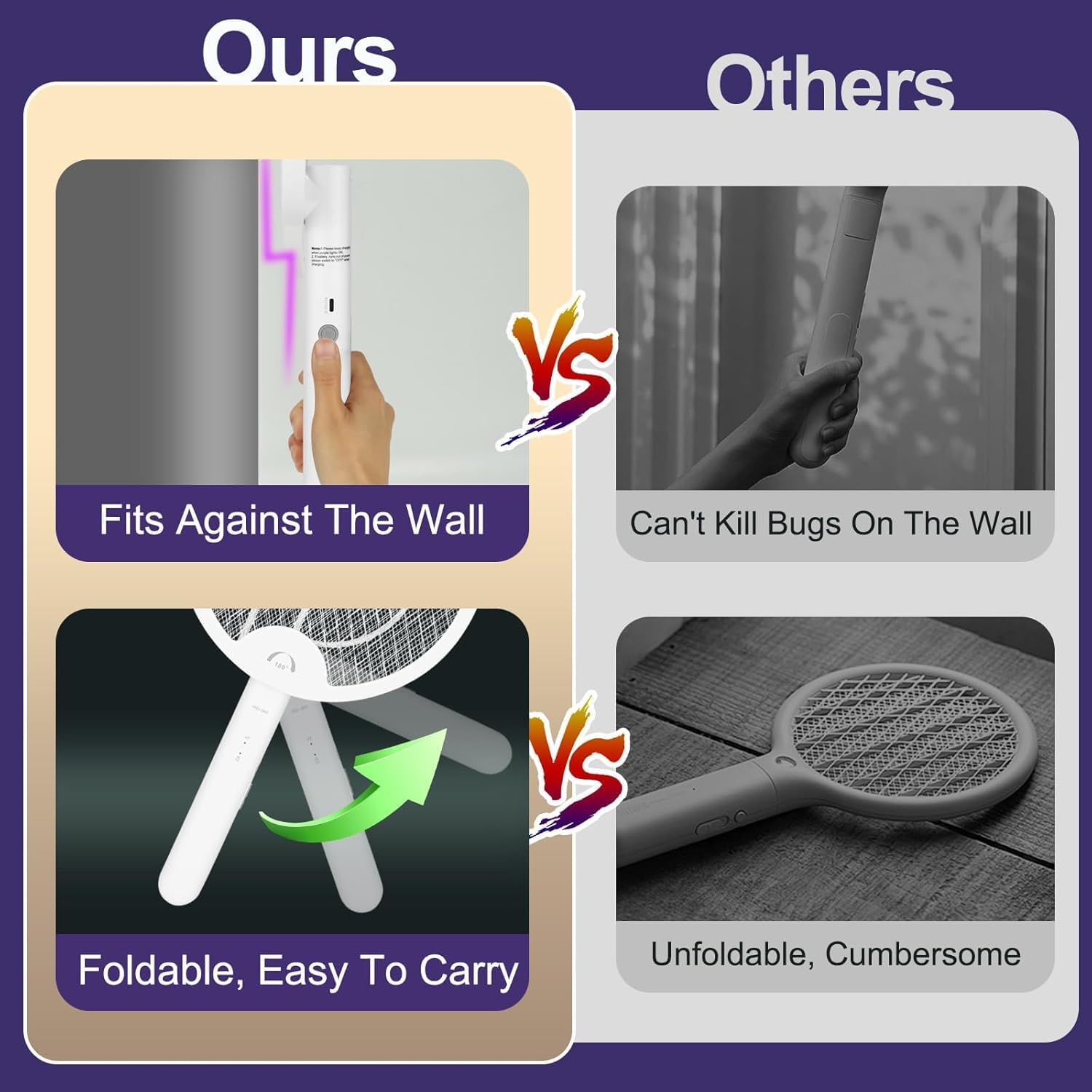 Electric Fly Swatter Racket, Portable Electric Mosquito Swatter, 2 in 1 Bug Zapper Racket with LED, Fly Killer and Mosquito Trap Lamp, USB Rechargeable Mosquito Trap for Home Backyard Patio Camping image number 4