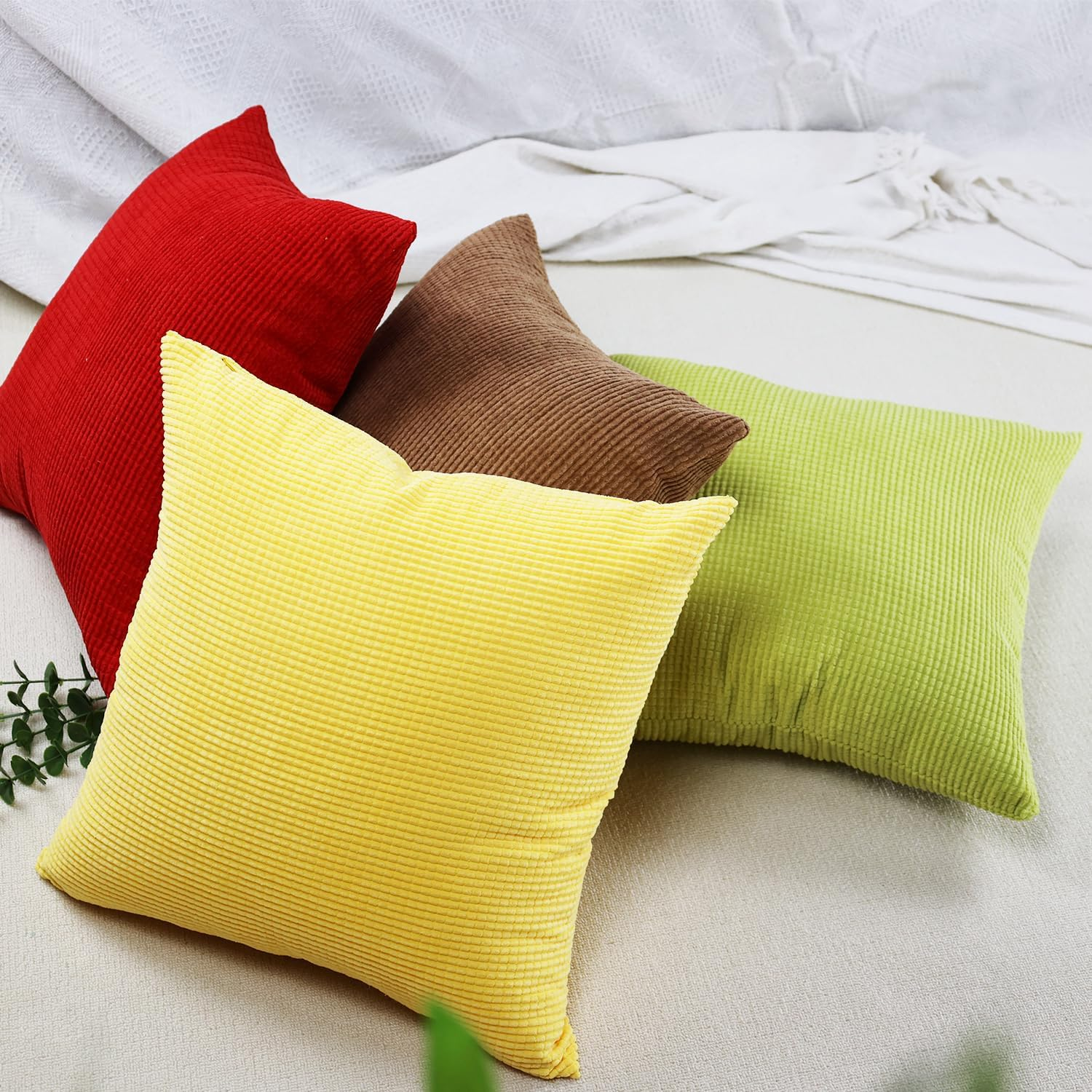 Corduroy Throw Pillow Covers Set of 2, Modern Decorative Couch Pillow Covers Neutral Solid Dyed 45X45Cm Square Soft Cushion Cases for Home Bedroom Living Room Sofa Chair Bed Car Office Balcony Decor image number 3