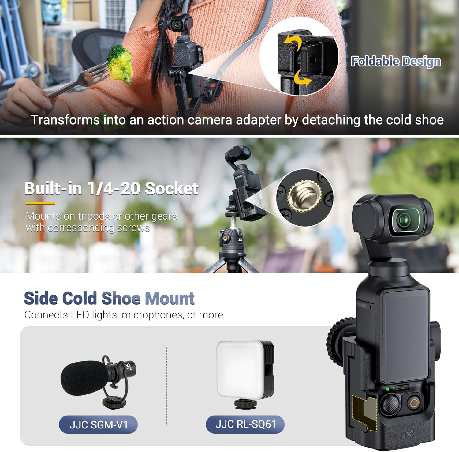 JJC Expansion Adapter for DJI Osmo Pocket 3 Protective Cage Bracket with Hot Shoe Mount & 1/4-20&lsquo; Screw Holes/Osmo Pocket3 Action Quick-Release image number 3