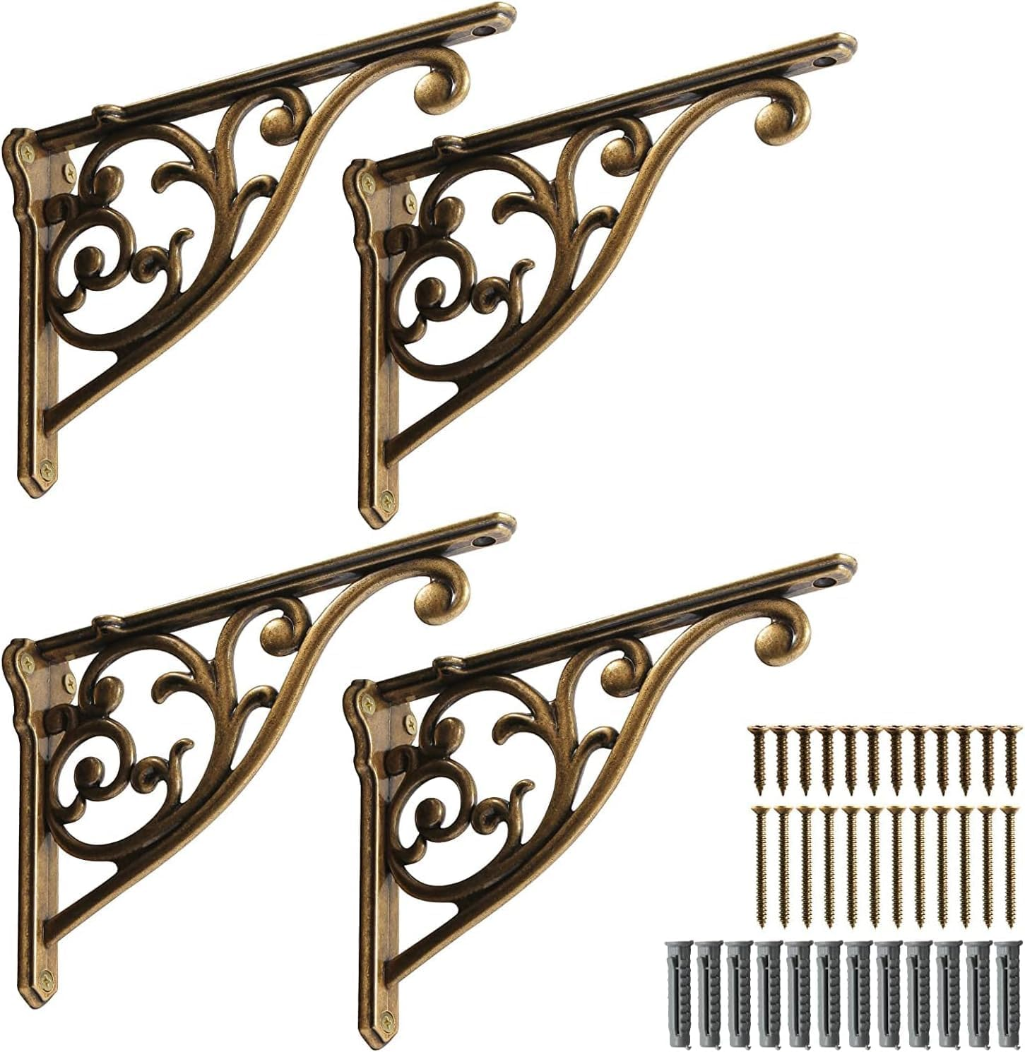 Khtumeware 2 Pack Brushed Satin Nickel Shelf Bracket 5 Inch, Decorative Brackets for Shelving, Heavy Duty Vintage Ornate Shelf Bracket, Hardware Included,4.92X3.5X1.73 Inch