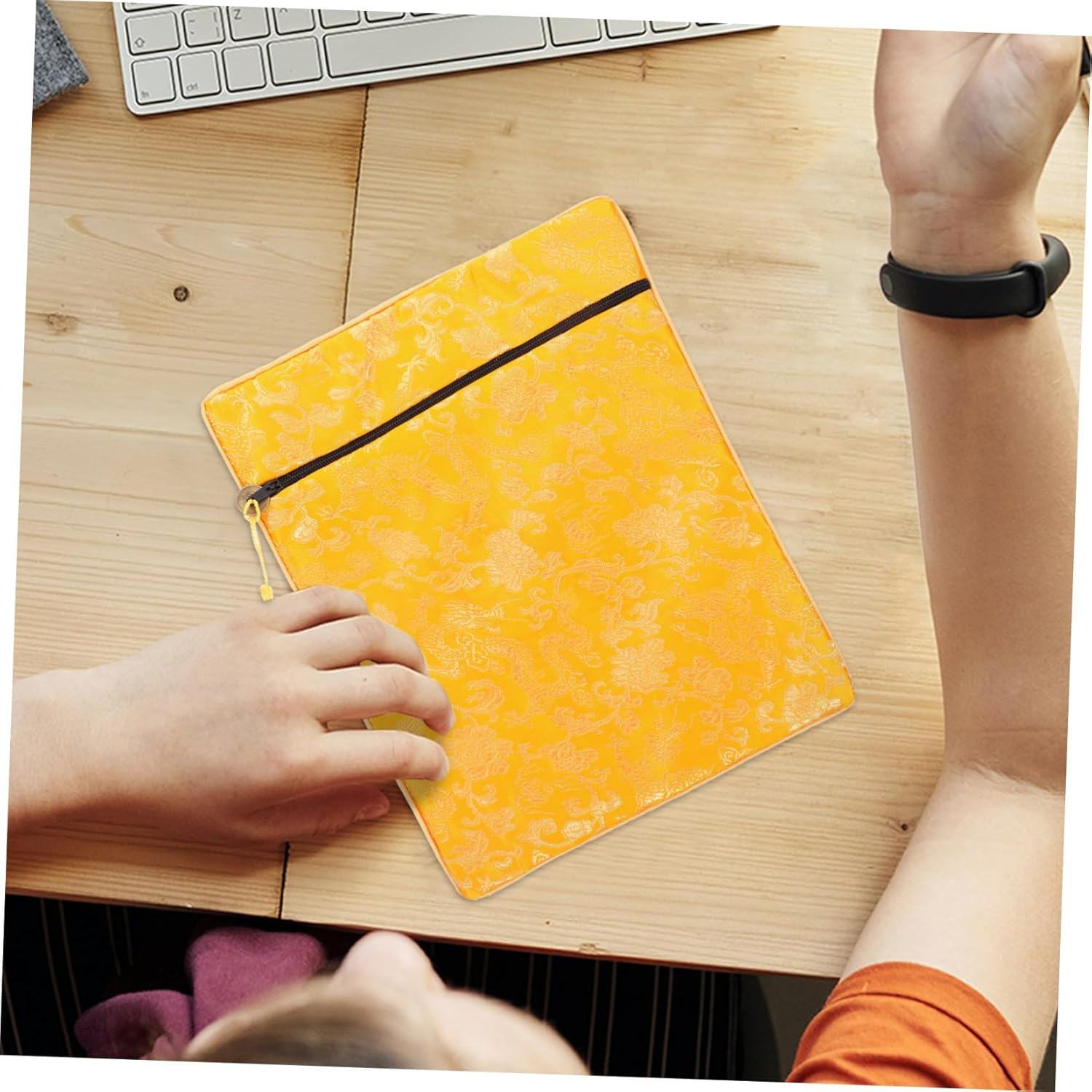 TIDTALEO Buddhist Scriptures Storage Bag Yellow Brocade Fabric Wallet Pouch with Handle for Books Jewelry Prayer Beads Travel Organizer Carry Case image number 1