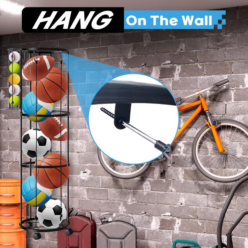 Ball Storage Rack with 4 Hooks&Wheels,150*30Cm 3 Layers Garage Ball Storage with Small Balls Basket,Ball Holder with 1 Ball Net & 2 Inflation Needles for Basketball,Soccer,Baseball&Accessorries image number 6