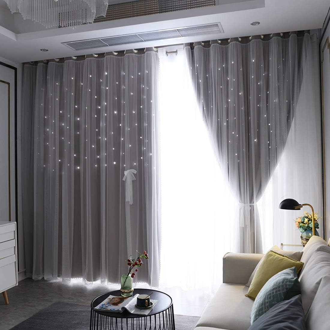 UNISTAR 2 Panels Stars Blackout Curtains for Bedroom Girls Kids Baby Window Curtain Double Layer Star Cut Out Aesthetic Living Room Decor Wall Home Decorations Curtain,W52 X L63 Inches,Grey image number 1