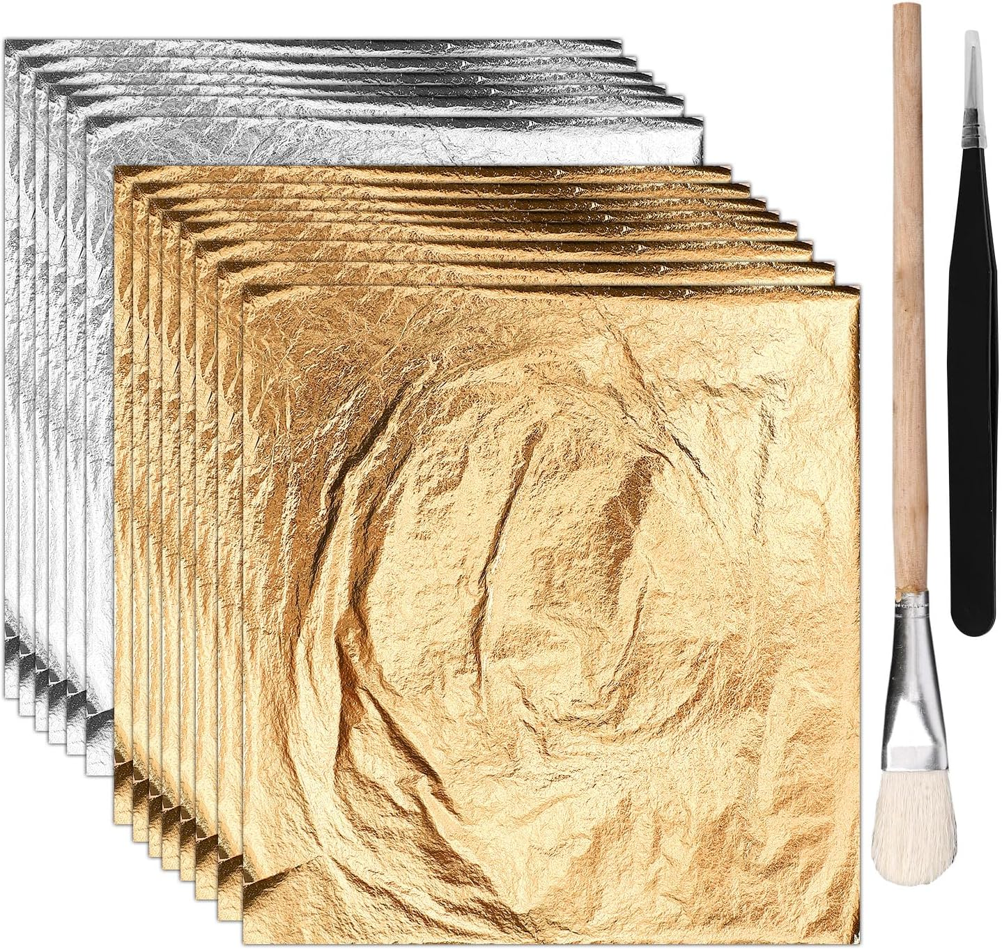 100Pcs Gold Leaf Sheets for Art & Gilding Crafting, 5.5"X5.5" Imitation Gold Foil Sheets with Tweezers & Brush for DIY Projects Painting Nails Furniture Picture Frames Decor (Gold & Rose Gold)