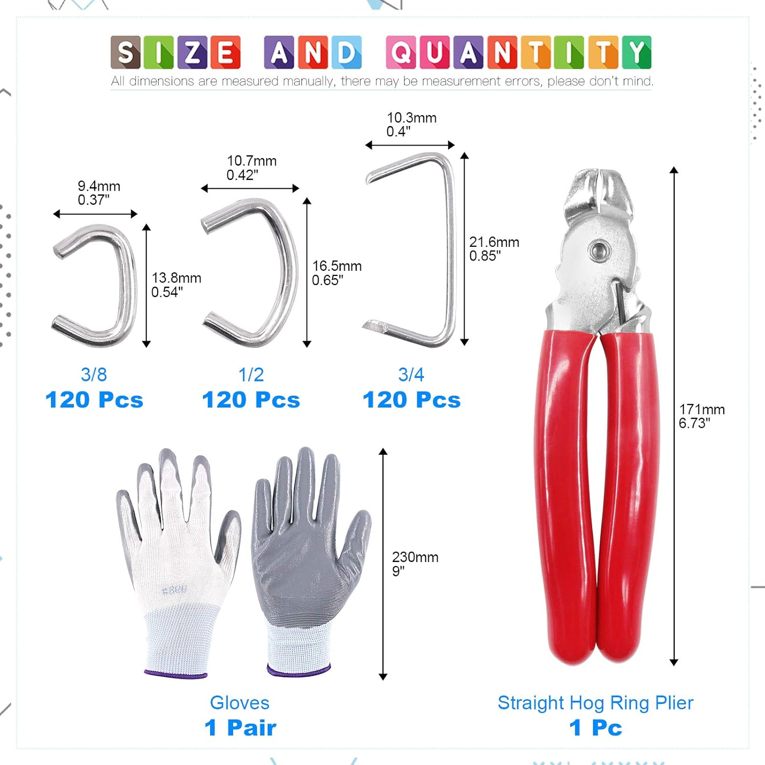 Glarks 362Pcs Hog Ring Pliers Kit with 360Pcs 1/2'' 3/4'' 3/8'' Steel Hog Rings and Anti-Cutting Gloves for Upholstery, Fencing, DIY Craft, Furniture and More