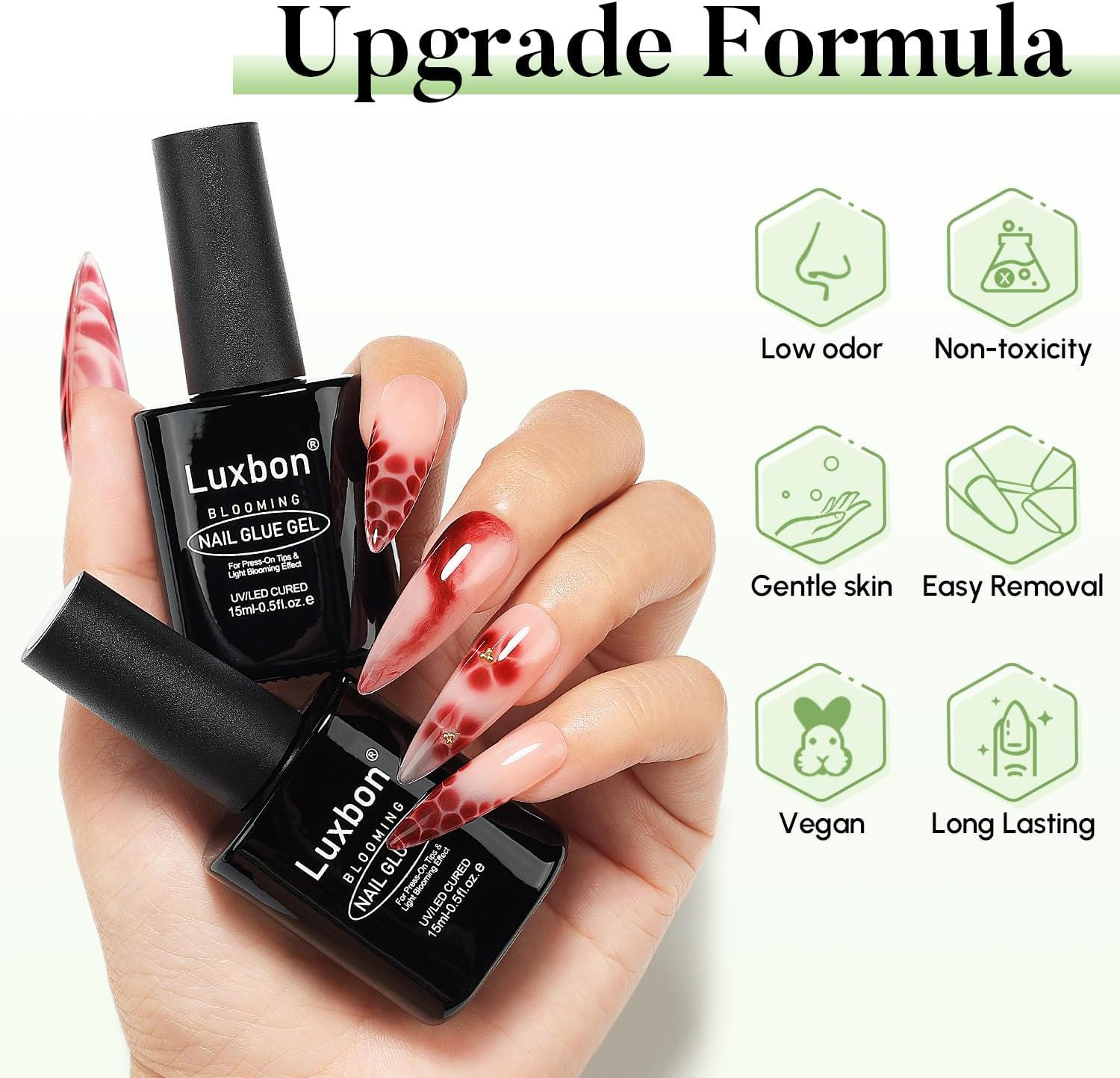 Luxbon 2X15Ml Blooming Nail Glue Gel, UV/LED Cured Gel Nail Glue Polish Blossom Gel Long Lasting for Press on Tips Fake Nails Full Cover Nails image number 5