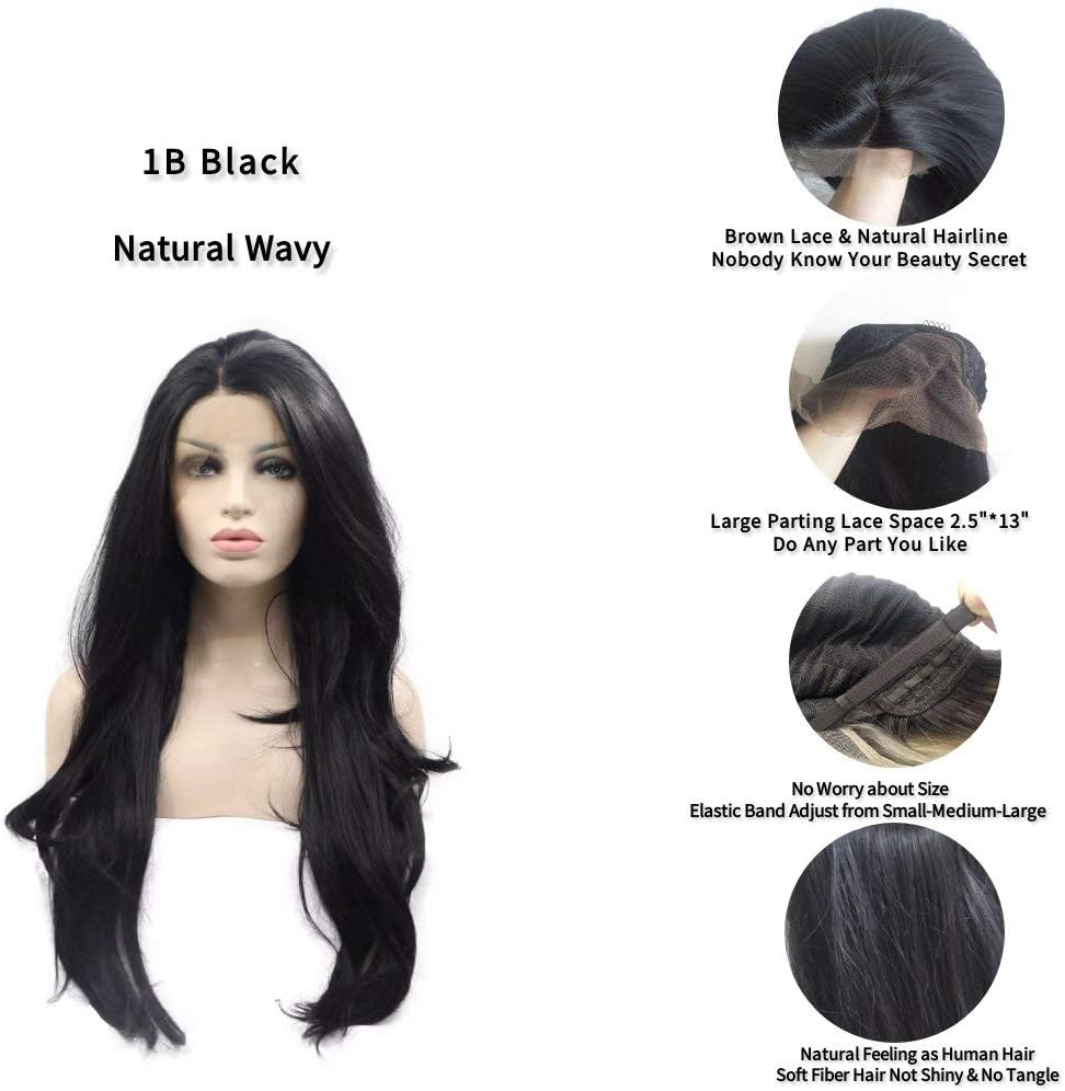 Xiweiya Long Natural Wavy Synthetic Lace Front Wigs for Black Women Black Hair Wig Heat Resistant Fiber Half Hand Tied 24Inch - Black image number 3