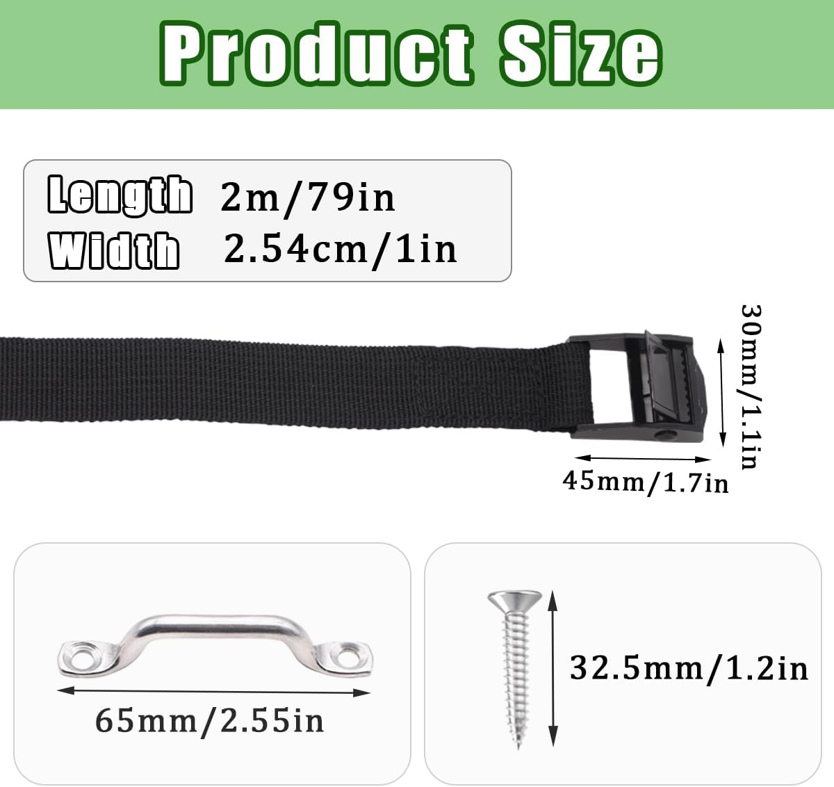 2 Sets 1"X78"(6.5 Ft) Battery Tie down Strap Kit with Stainless Steel Cam Buckle, Stainless Steel Bracket and SS Screws for Boats, Luggage Belt, Cars image number 5