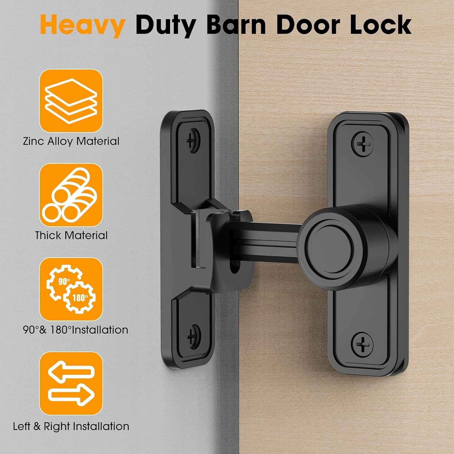 Barn Door Lock,Sliding Barn Door Lock Hardware,90/180 Degree Locks for Barn Doors,Anti-Theft Buckle- Anti-Theft Flip Gate Latches for Bathroom,Garage,Garden,Fence,Cabinet,Window(Black) image number 3