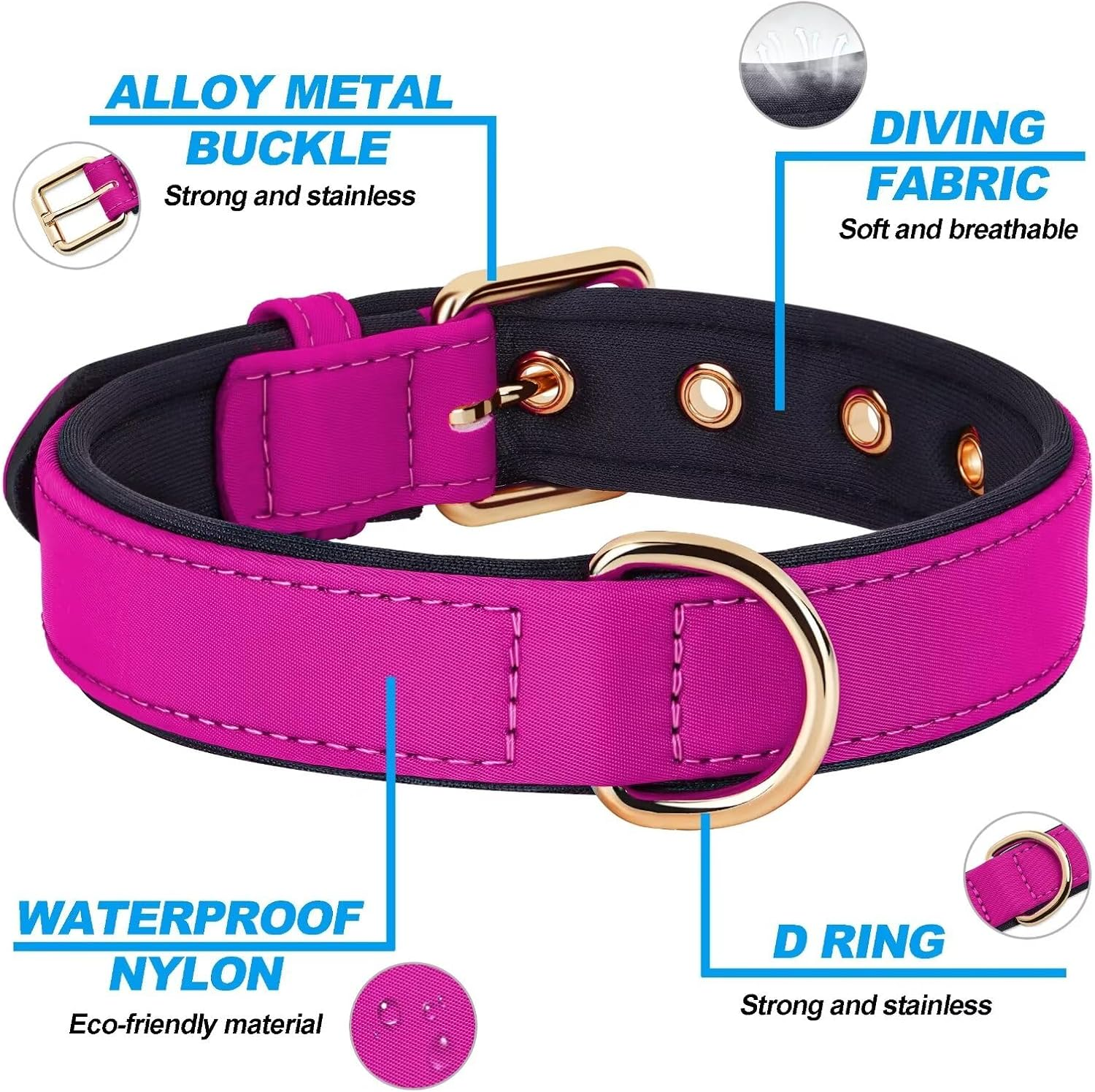 Didog Waterproof Dog Collar with Soft Padded, Strong Dog Collars with Metal Buckle, Lightweight and Breathable Dog Collars for Medium Dogs, Hot Pink, M image number 1