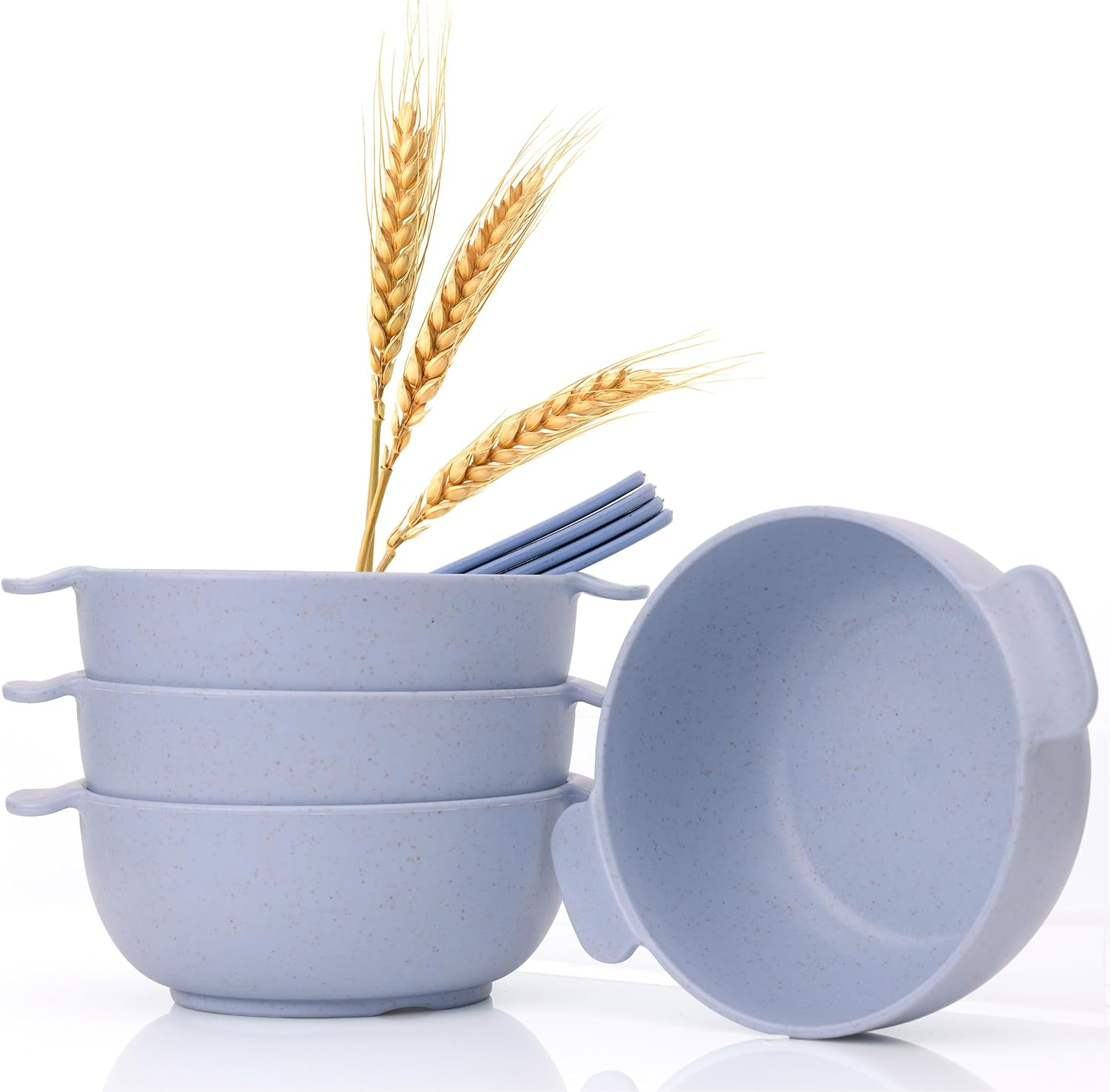 Rightitem Wheat Straw Dinnerware Set - 4 Bowls & 4 Spoons, Reusable, Microwave & Dishwasher Safe, Perfect for Camping or Home Use