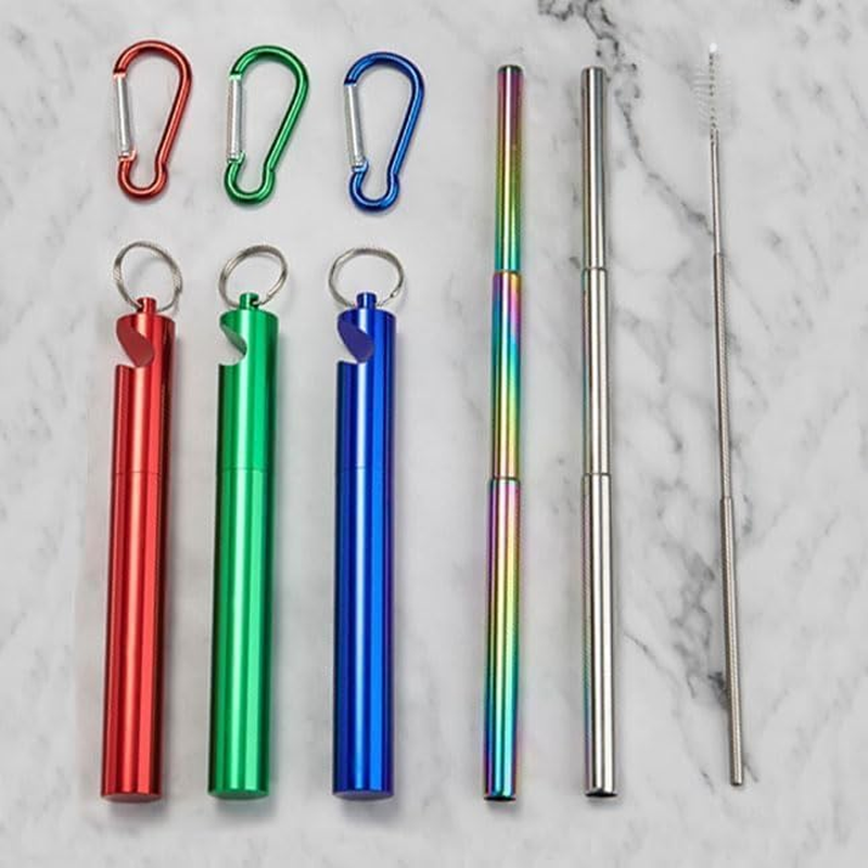 3Pack Reusable Telescopic Straw,Collapsible Stainless Steel Drinking Straws with Keychain, Bottle Opener and Cleaning Brush
