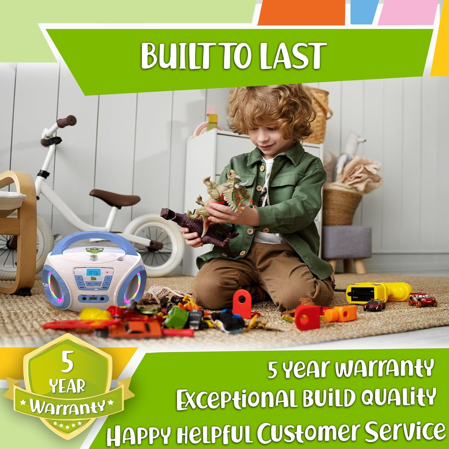 Tunes Kids Boombox CD Player for Kids - New - FM Radio - Batteries Included - Cute White Radio Cd Player with Speakers for Kids and Toddlers - Blue image number 6