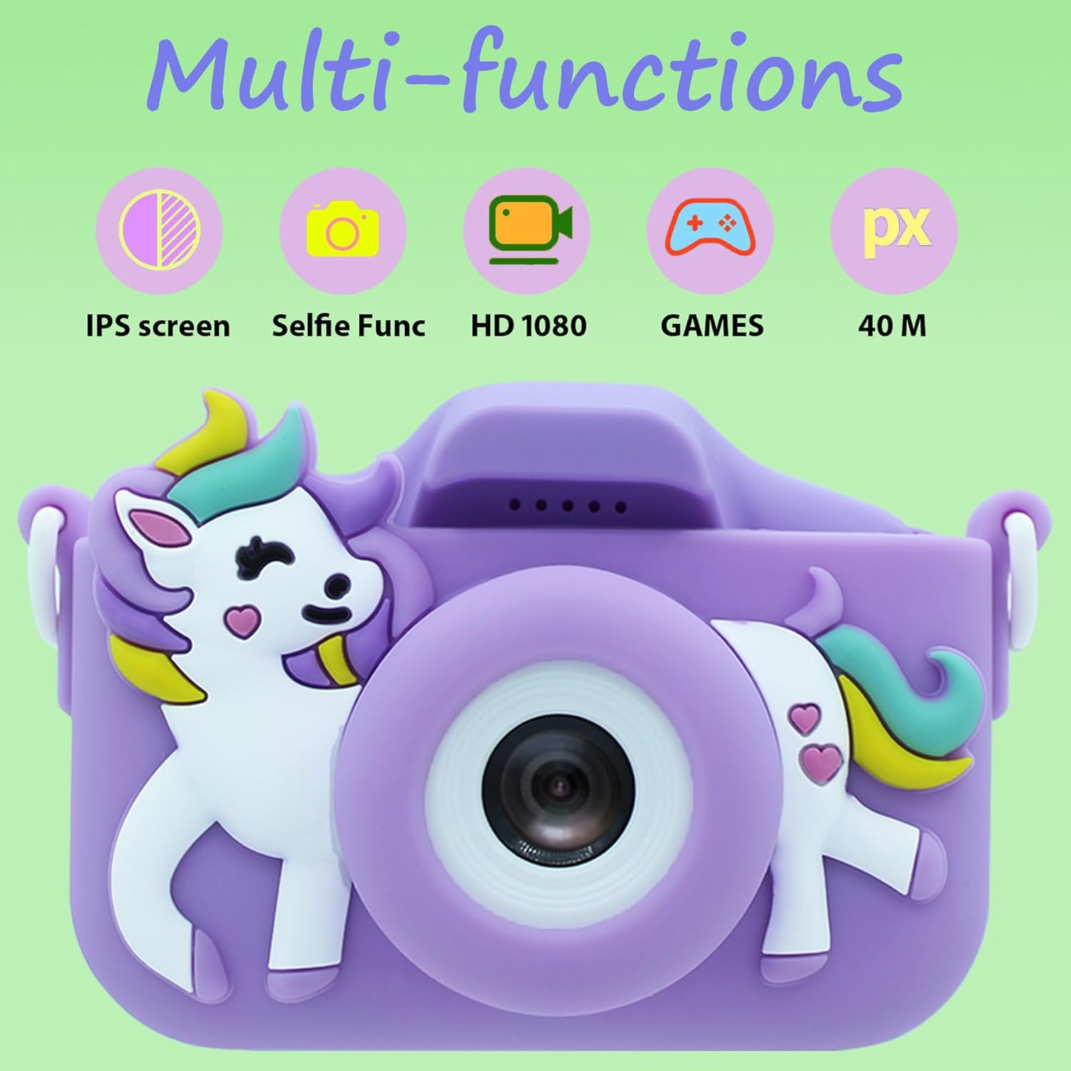 Kids' Digital Cameras, Mini Dual Camera Rechargeable Children'S Camera Gift, Boys and Grils Aged 3 to 9 Years Old,8 Million HD Video 2 Inches Screenfor Outdoor Play /32GB Card (Purple-Horse) image number 1