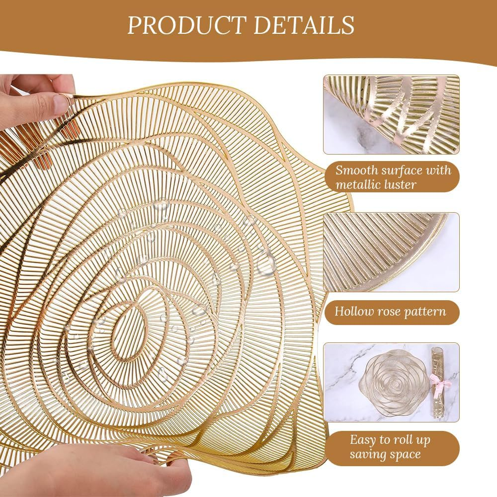 12-Piece Set of Rose Placemats, Hollow Dining Table and Cup Non-Slip Mats for Kitchen, Living Room, Dining Room, Bar Counter, Wedding Party Decoration (Gold) image number 4