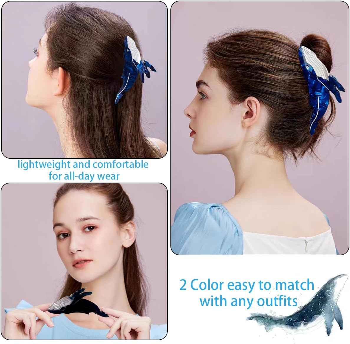 2 PCS Whale Hair Clips Whale Claw Clip Animal Shape Hair Jaw Clips Animal Acetate Cute Claw Clip Big Jaw Clips for Women Thick Hair Thin Hair