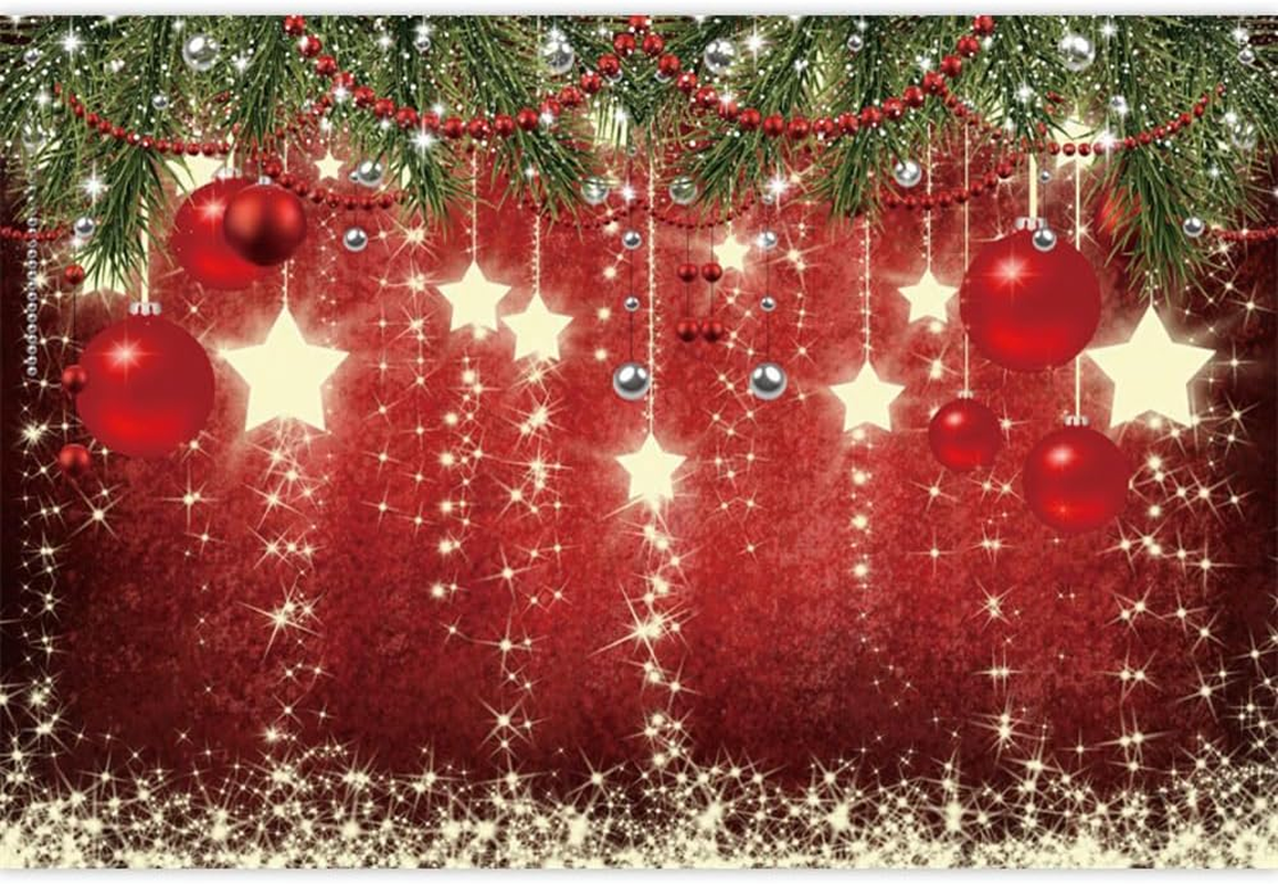 Christmas Backdrops Red Ball Shining Stars Theme Background New Year Backdrop Christmas Party Decoration Banner Children Birthday Party Newborn Party Photo Booth Props 8X6Ft image number 1
