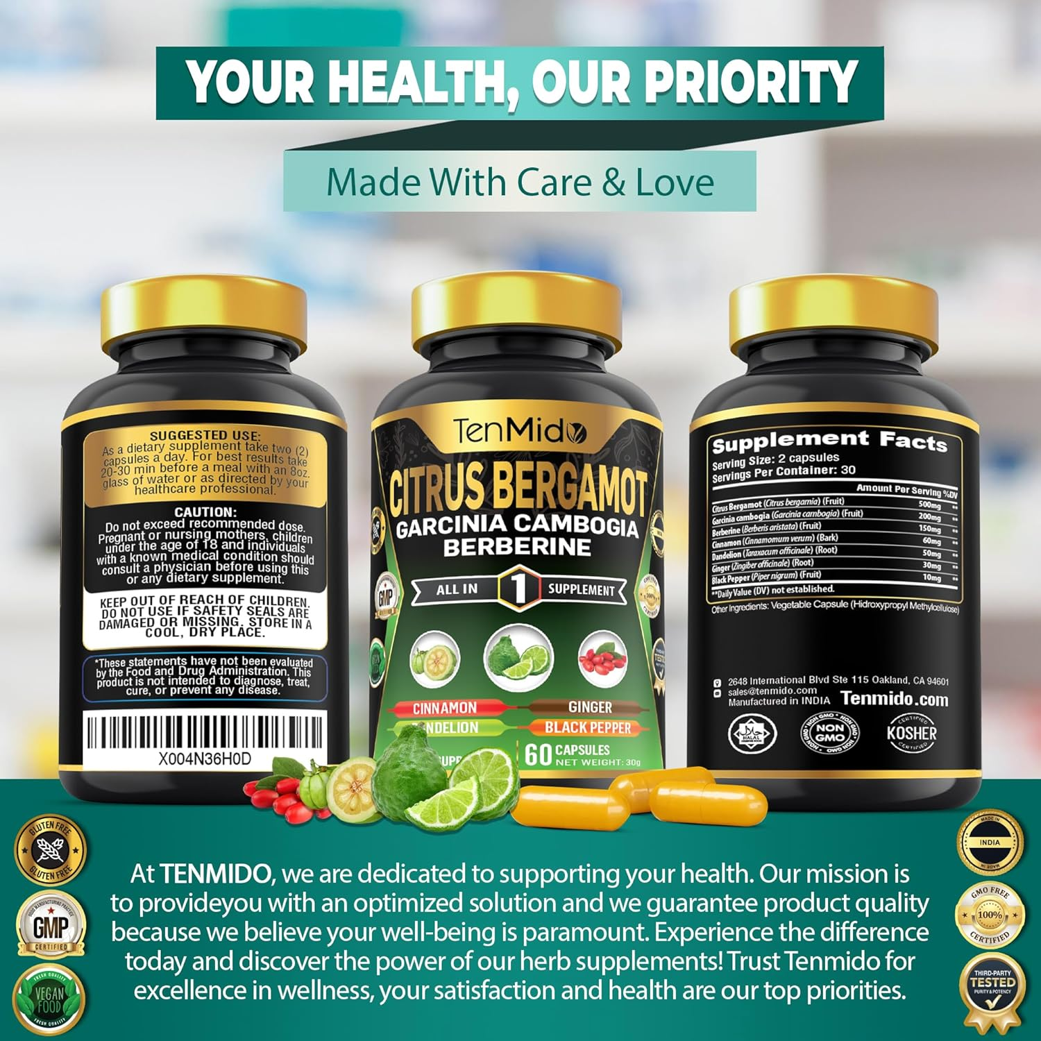 Citrus Bergamot Supplement - Blend with Garcinia Cambogia, Berberine, Cinnamon & More - Body Management, Overall Wellness Support - 60 Vegan & Non-Gmo Capsules image number 1