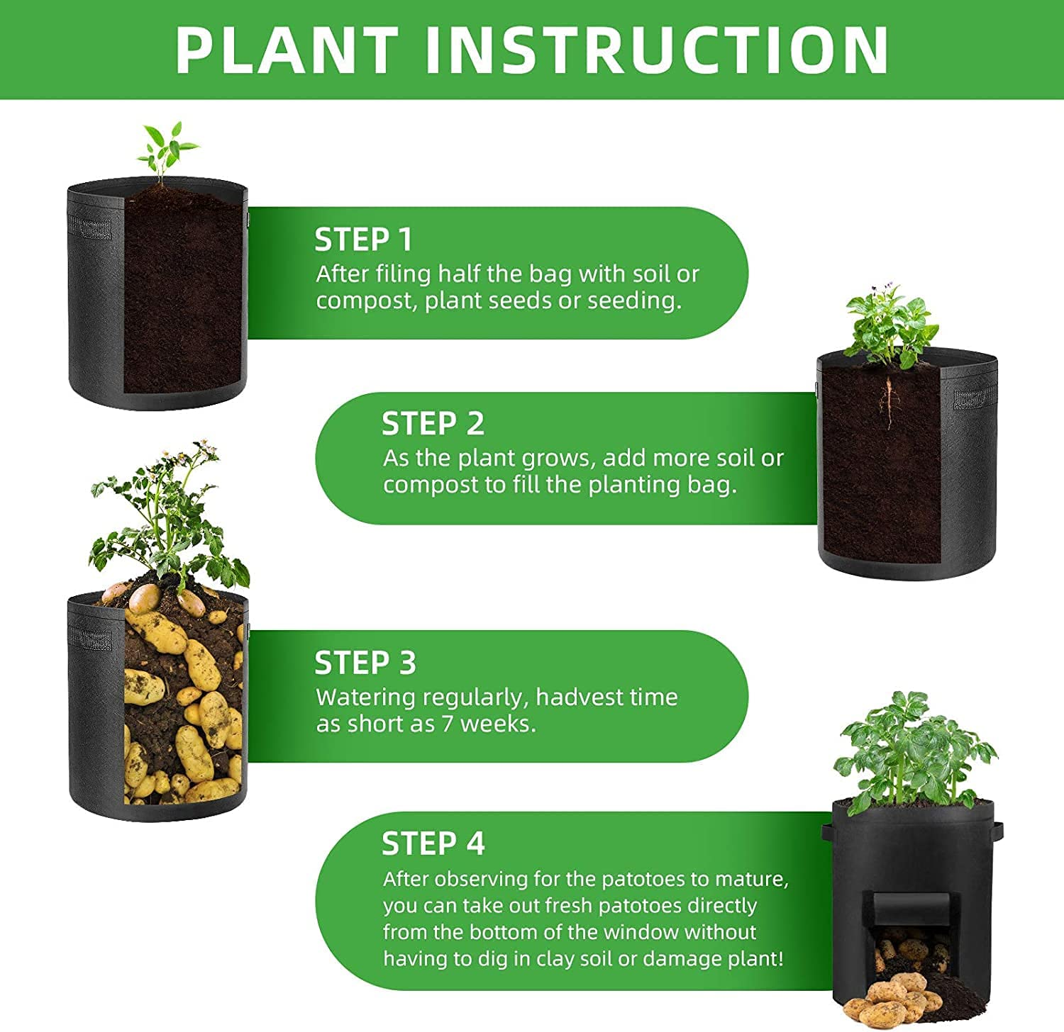 Potato Grow Bags - 2 Pack 7 Gallon Plant Grow Bags Fabric Pots with Flap Window and Handles Garden Vegetable Grow Bags Tomato Planter Bag Thickened Breathable Nonwoven Garden Container Pot image number 6