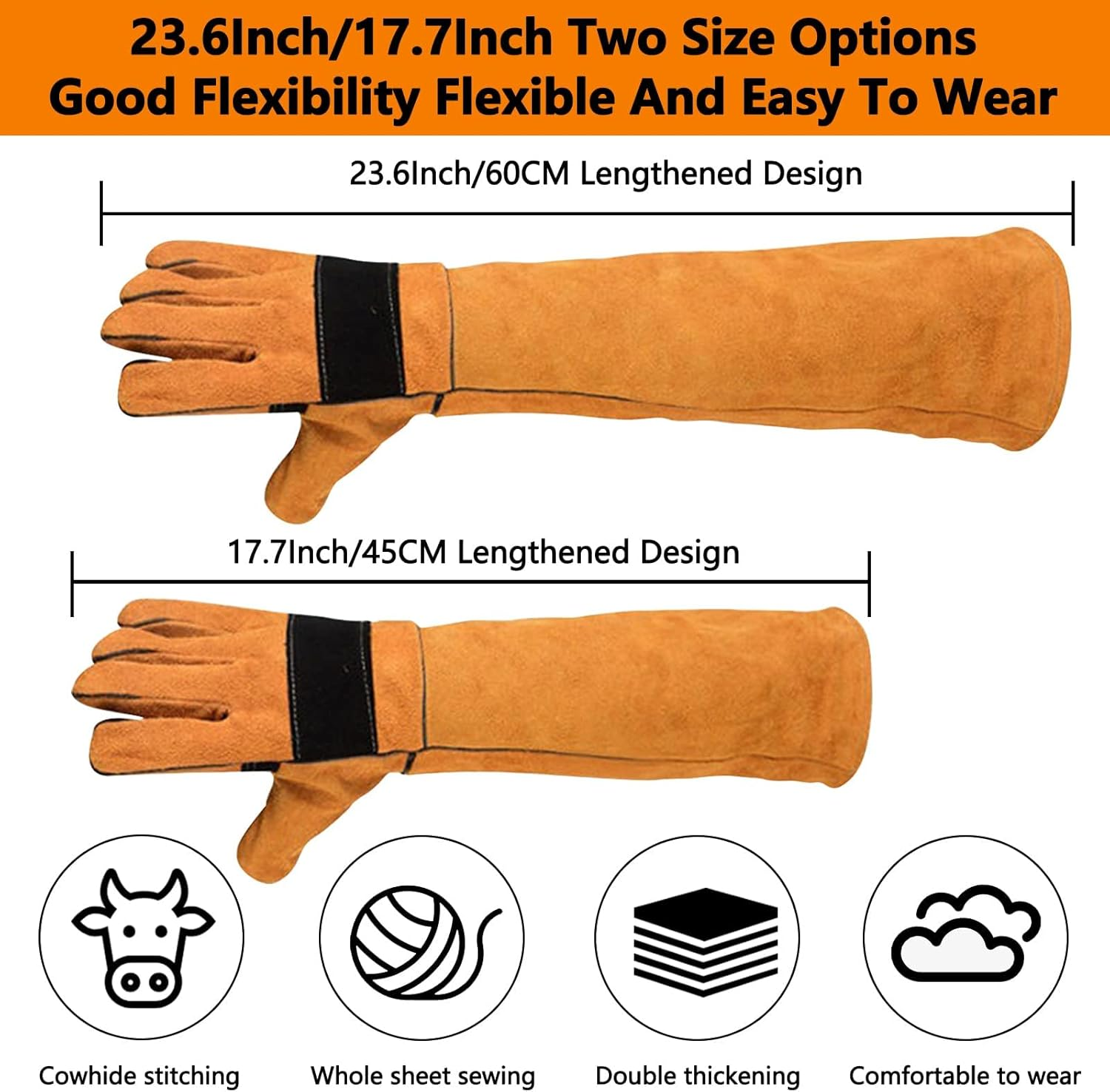 Animal Handling Gloves Bite Proof Double Leather Reinforced Padding Dog,Cat Scratch,Bird Handling Falconry Gloves Grabbing Reptile Squirrel Snake Bite 60CM Comfort and Extra Heat Protection. image number 2
