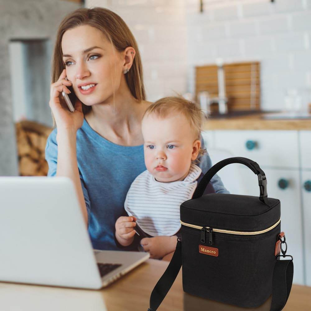 Mancro Breastmilk Cooler Bag with Ice Pack, Fits 6 Baby Bottles up to 9 Ounce Insulated Baby Bottle Bag, Breast Milk Cooler on the Go with Strap, Bottle Storage Bag for Nursing Mom Daycare, Black image number 2