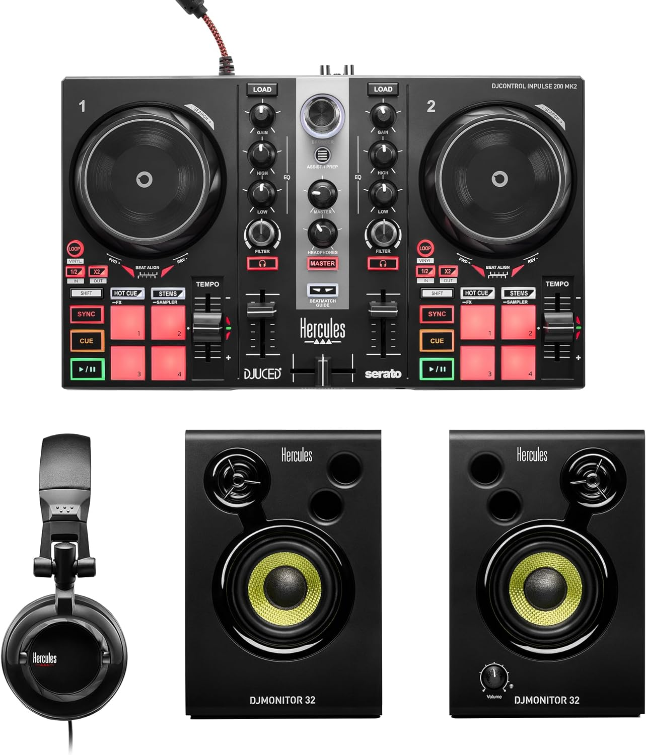 Hercules Djlearning Kit MK II Including the DJ Inpulse 200 MK II Controller, HD45 Headphones and DJ Monitor 32 Speakers image number 1