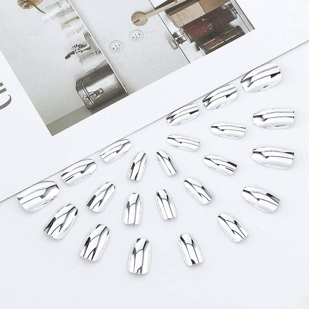 24 Pcs False Nails Tips Silver Long Fake Nail for Women and Girls Art Artificial Extension