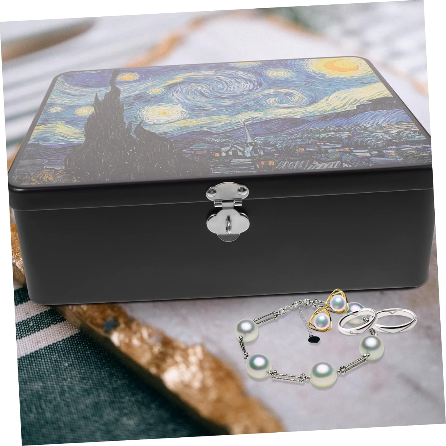 Vintage Tinplate Storage Box Lock Large Rectangle Decorative Tin Case for Jewelry Money Souvenirs Desktop Organizer Key image number 3