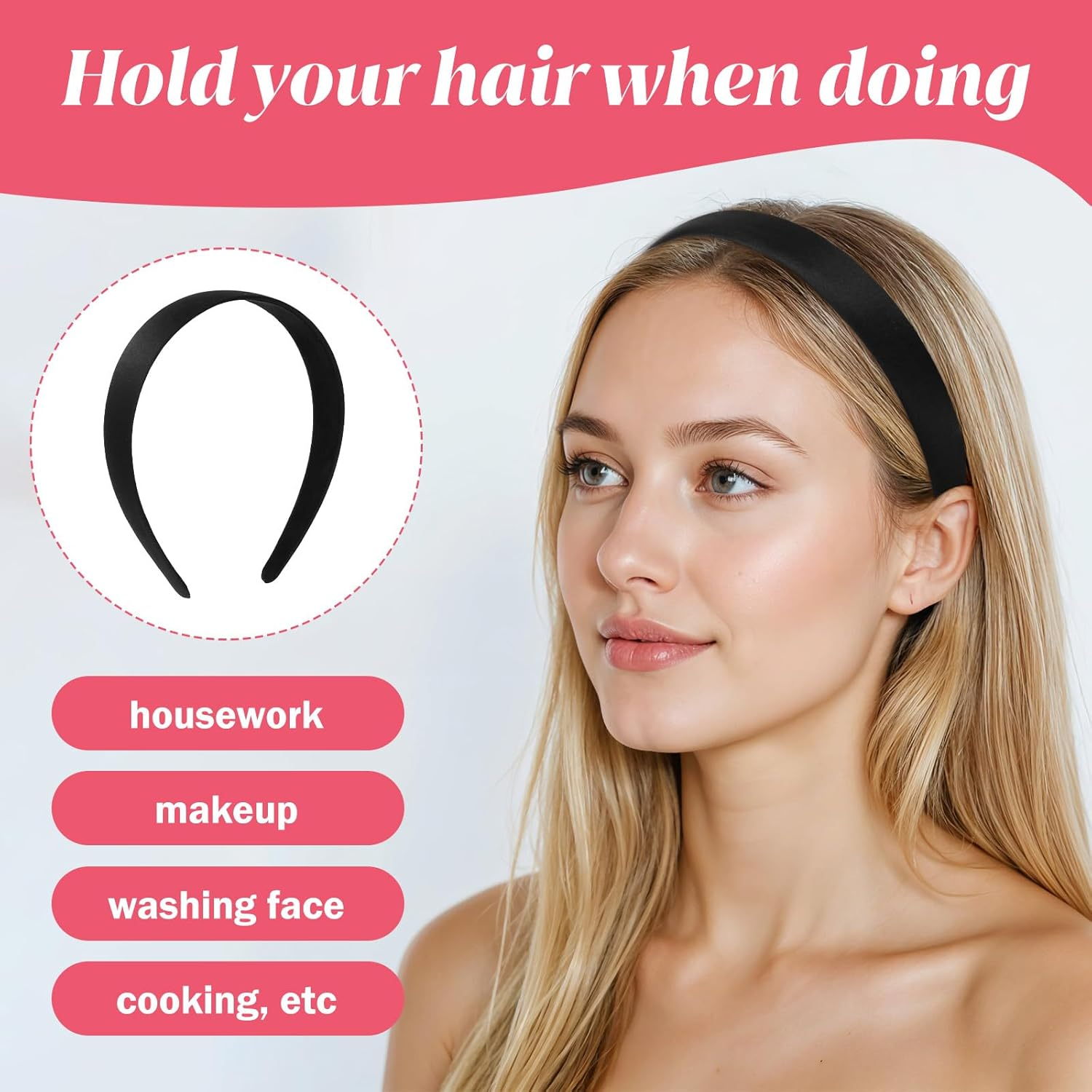 Hpmjz 2Pcs Satin Headbands Women Wide Head Band Black Fashion Hairband Elastic Solid Hair Bands Plain Hard Hoops Solid Hair Accessories Gift for Girl Cosplay Holiday Halloween Christmas(Width 2.5Cm) image number 4