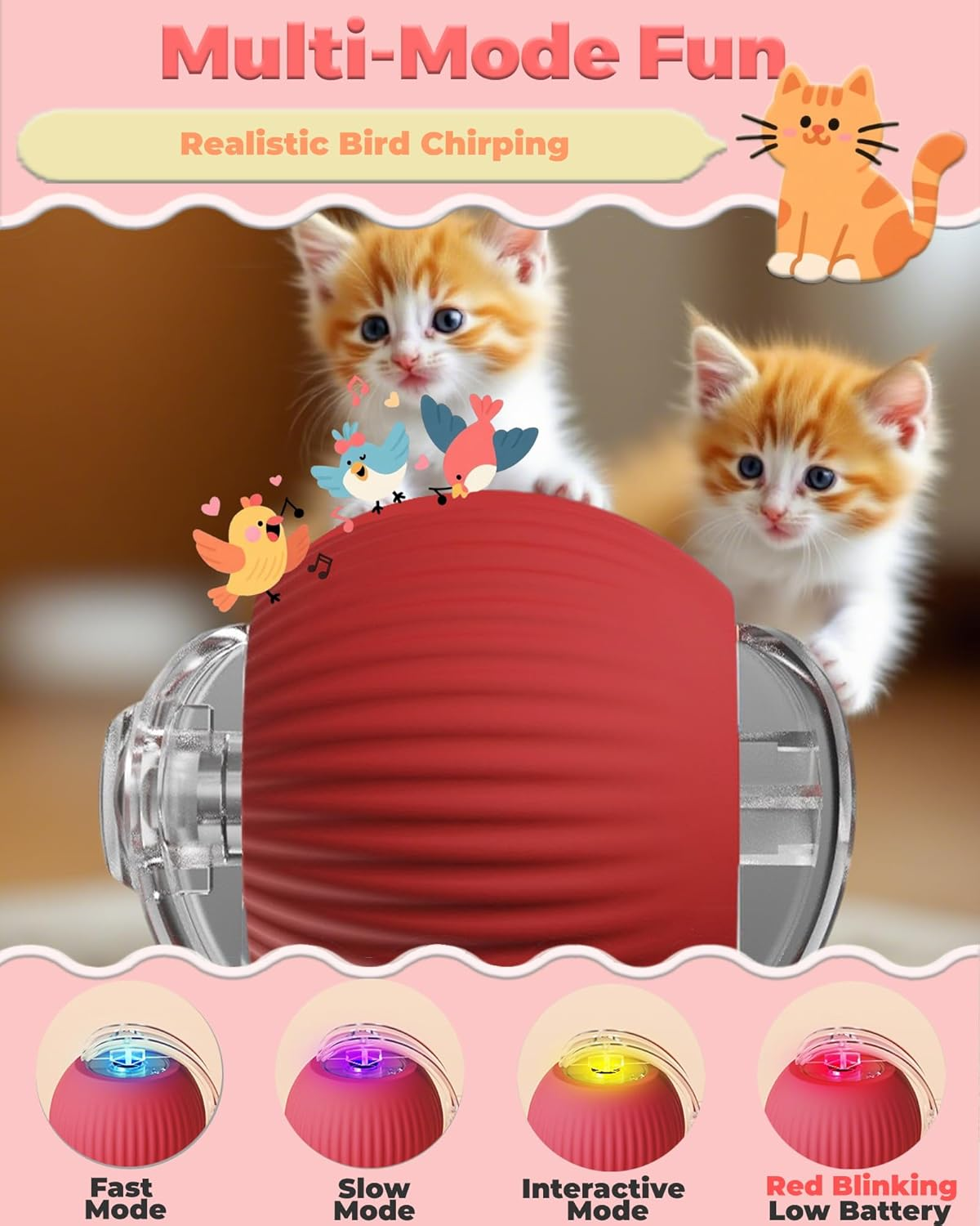 Cat Toy, Agile Moving Cat Ball with Elastic Mesh Tail, Interactive Cat Toy for Indoor Cats, with Motion Activated, Ultra-Fast Kitten Toy（Red image number 2