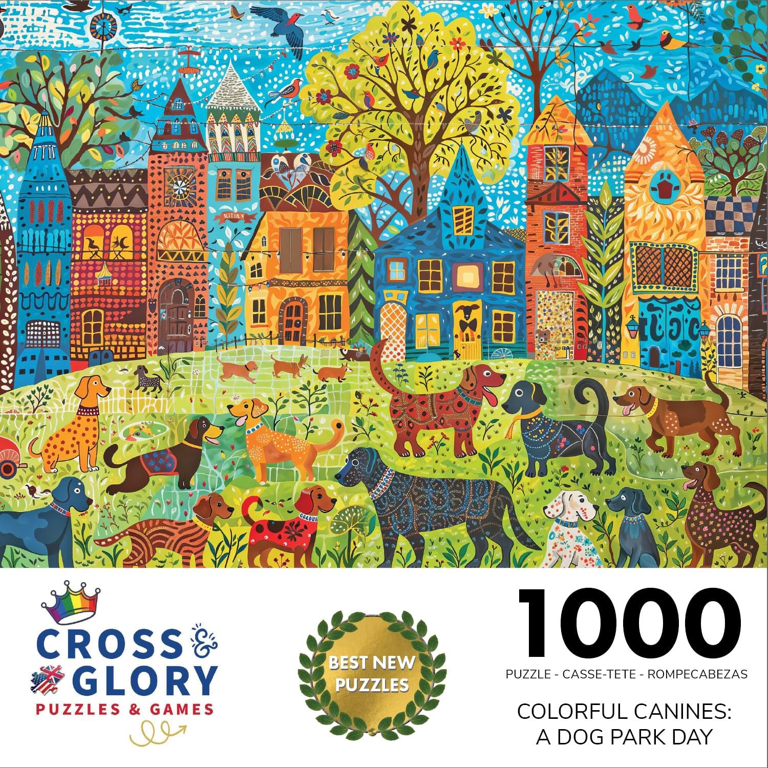 Cross & Glory &ndash; Colourful Canines: a Dog Park Day &ndash; 1000-Piece Folk Art Style Jigsaw Puzzle for Adults | Vibrant City Scene with Playful Pups | Perfect for Dog Lovers - Rainbow image number 2