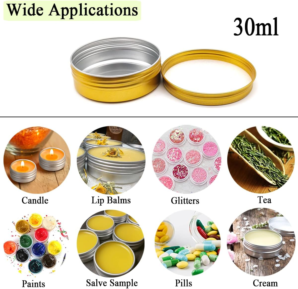 Wopanxye 12Pcs 1Oz 30Ml Aluminum Tin Jar, 30G Refillable Makeup Container, 30 Gram Gold Screw Lid round Can Sample Pot for Cosmetic DIY, Handmade, Lip Balm, Cream, Salve, Toner, Candle, Paint, Scrub image number 5