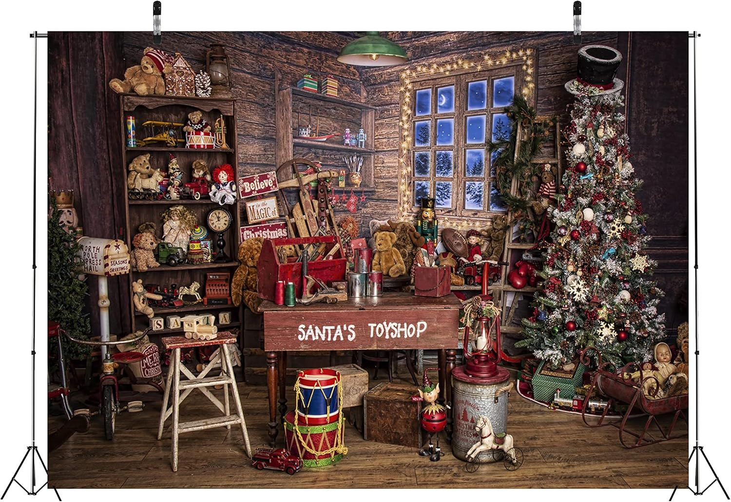 BELECO 8X6Ft Fabric Christmas Santa'S Toyshop Photography Backdrop Vintage Interior Xmas Tree Gifts Snow Window Wooden Shed Store Background for Christmas New Year Party Supplies Photo Booth Props image number 1