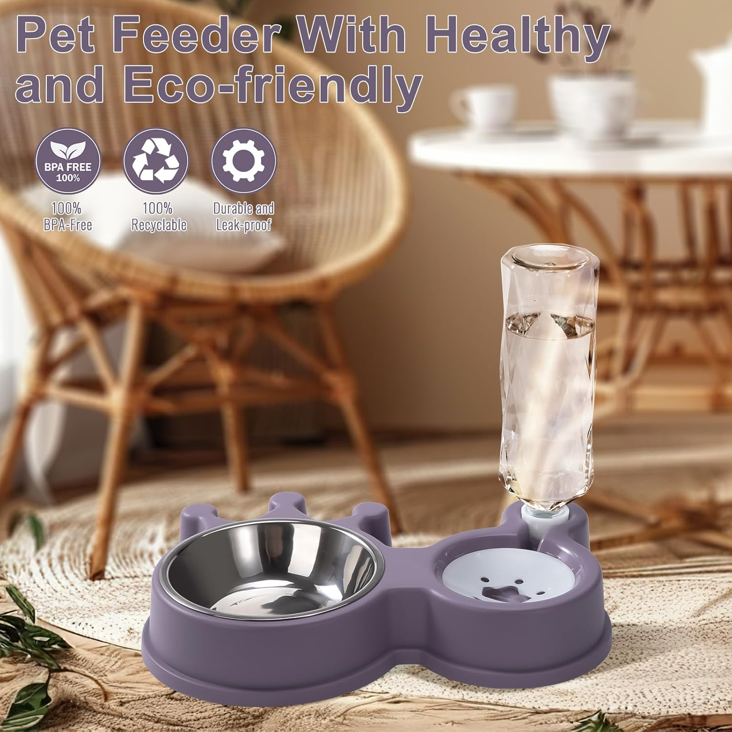 Cat Feeding Bowl with Automatic Water Bottle, Non-Slip Cat Bowl Set, 2 in 1 Cat Food Bowls with Mat for Small and Medium Dogs and Cats, 32 X 20.5 X 5.5 Cm image number 1