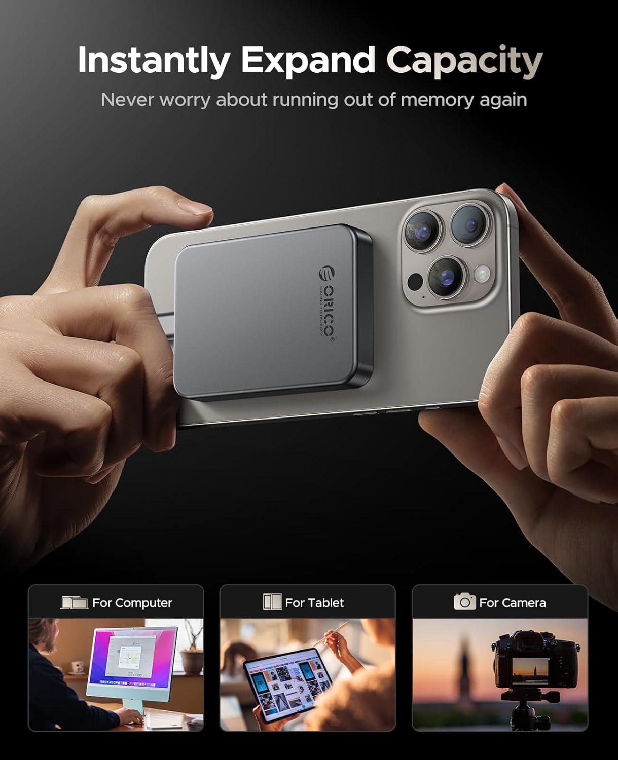 ORICO 1TB Magnetic Portable SSD, Metal Body, 4K 120 Fps Prores HDR Record and Store, up to 460Mb/S, USB C&A 2 in 1 Cable, External SSD Compatible with Iphone 16 Pro Max, Tablet, Computer - K5PLUS image number 6