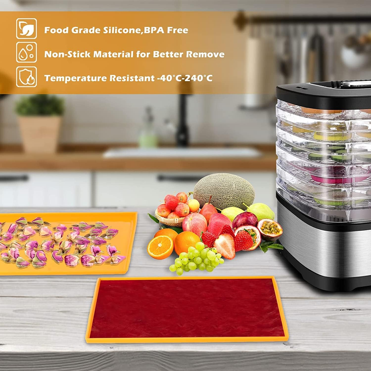 4Pcs Silicone Dehydrator Sheets with Silicone Scraper, Non-Stick Food Fruit Dehydrator Trays Baking Mats Reusable Mat for Making Fruit Leather Vegetables Herbs