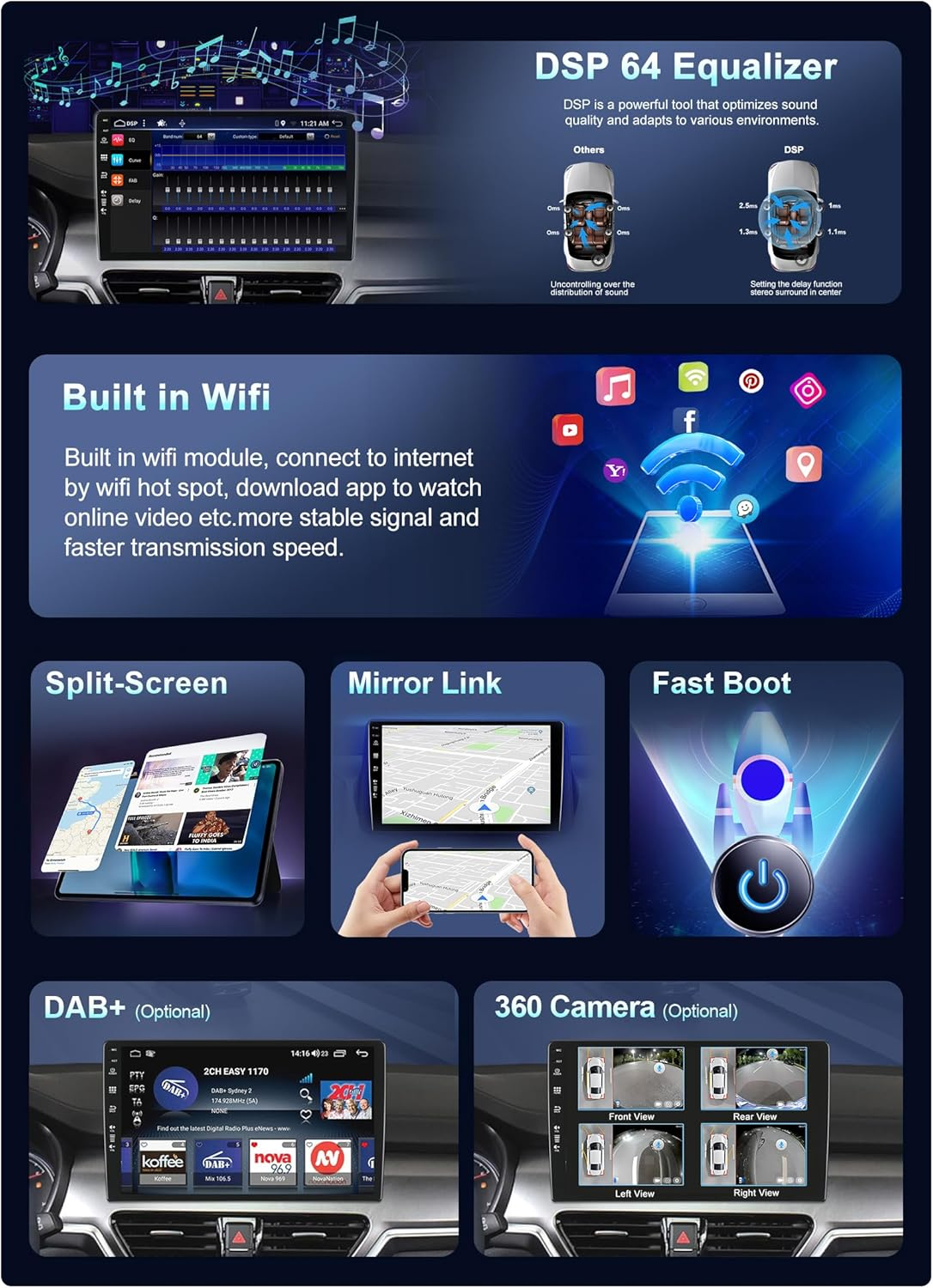 MISONDA 10Inch IPS Touch Screen 6GB+128GB Car Stereo Radio Player Head Unit GPS Naviagtion Android 14 with Wireless Carplay Android Auto DSP SWC Bluetooth5.0 FM AM Camera Mic image number 2