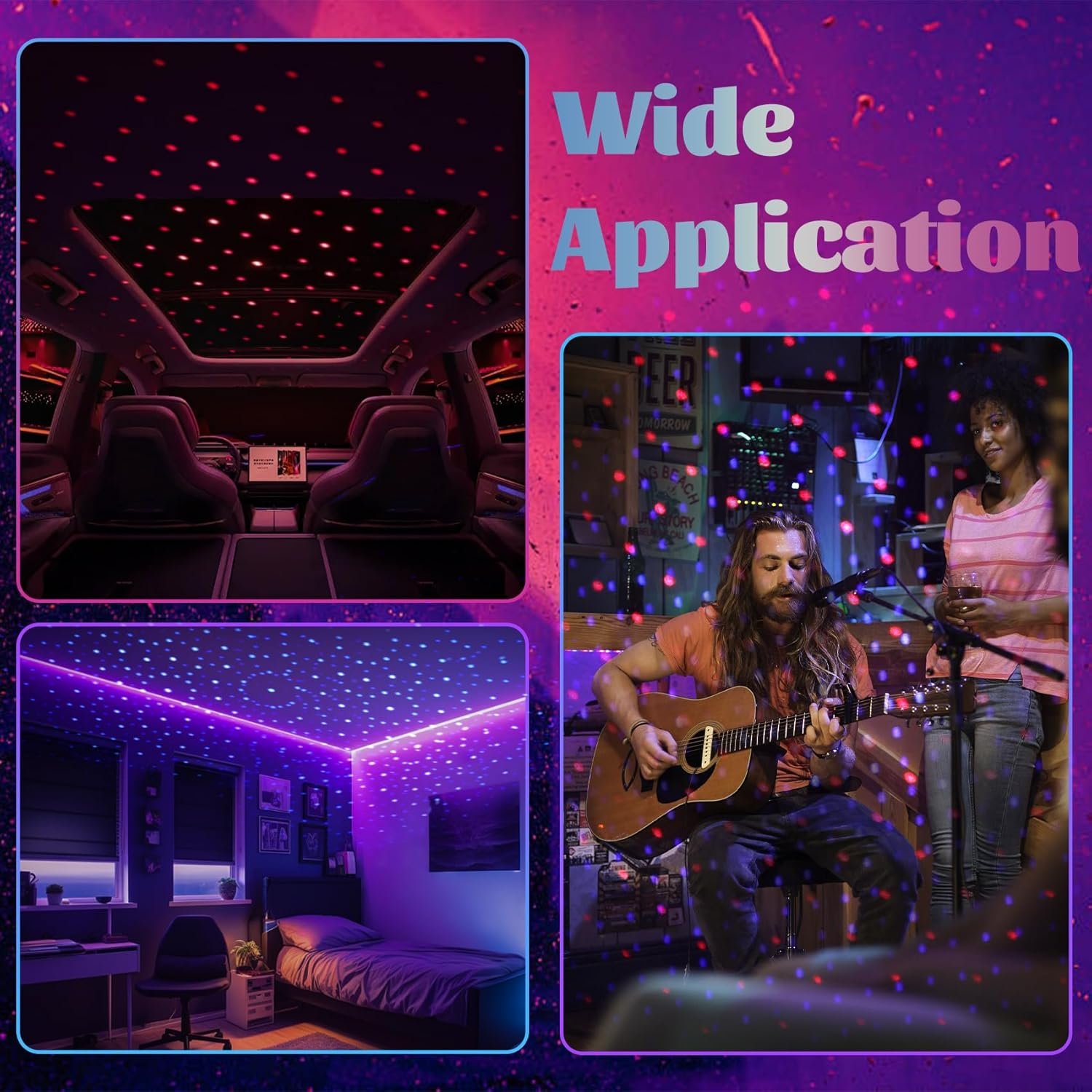 Car Led Interior Lights for Roof, Romantic Star Light Mini USB Projection Lamp Star Night Light Atmosphere Decoration for Cars Bedroom Party, Purple