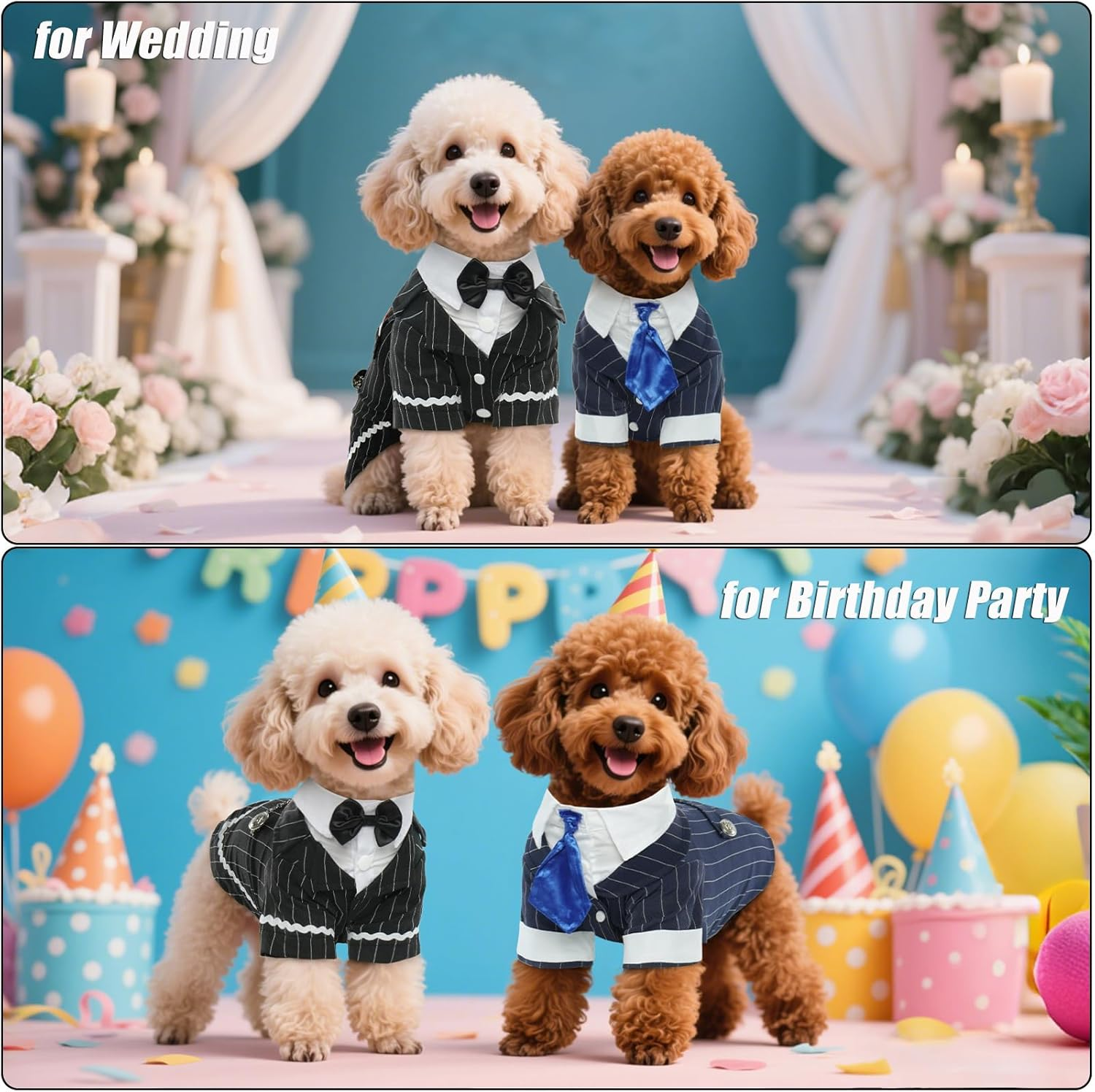 DENTRUN Dog Tuxedo Suit with Bow Tie - Formal Black & White Striped Pet Costume Shirt, Elegant Wedding Outfit Birthday Party Attire for Chihuahua Yorkie Shih Tzu Pomeranian Small Dogs, S image number 6