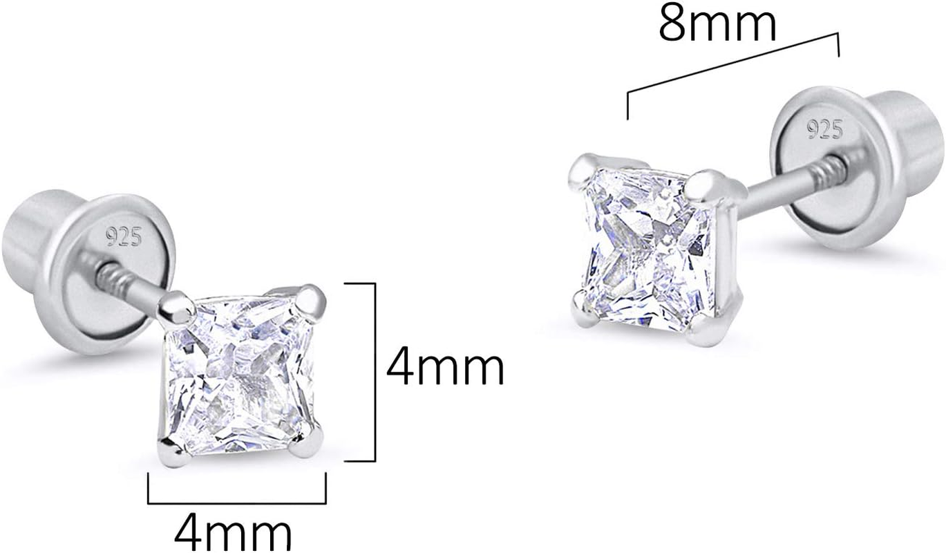 925 Sterling Silver Rhodium Plated 3,4,5Mm Princess Cut Cubic Zirconia Screwback Baby Girls Earrings image number 3