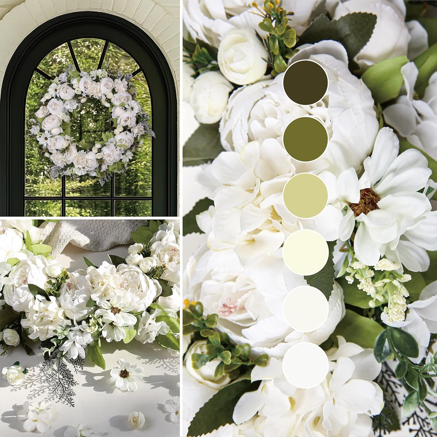Peony Wreath 23" Floral Artificial Wreath for Front Door Wall Decor Home D&eacute;cor Festival Celebration Wedding Party New Owners Seasonal Decoration Housewarming Gifts Ezsenses (White) - White image number 5