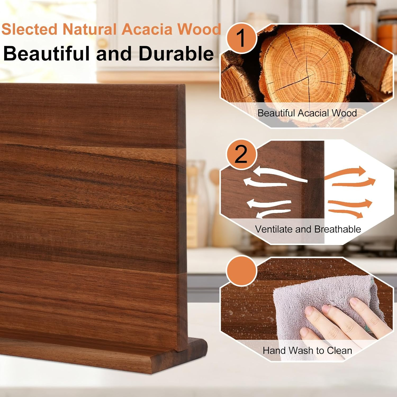 Magnetic Knife Block with Knife Sharpener, Double Sided Magnetic Knife Holder Kitchen Counter, Acacia Wood Magnetic Knife Storage Stand, Universal Knife Display Rack Multifunctional Storage image number 2