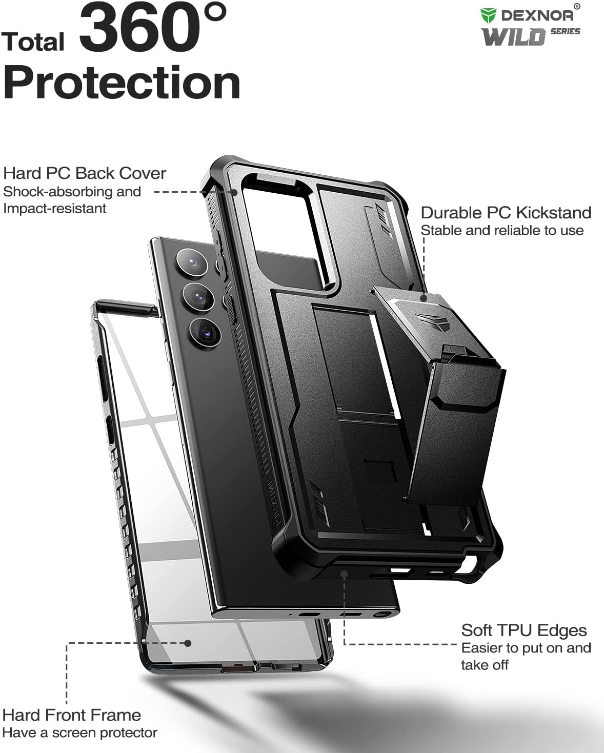 Dexnor Compatible with Samsung Galaxy S22 Ultra 5G Case with Built-In Screen Protector Military-Grade 360 Full Body Shockproof Bumper Protection Cover with Stand - Black image number 6