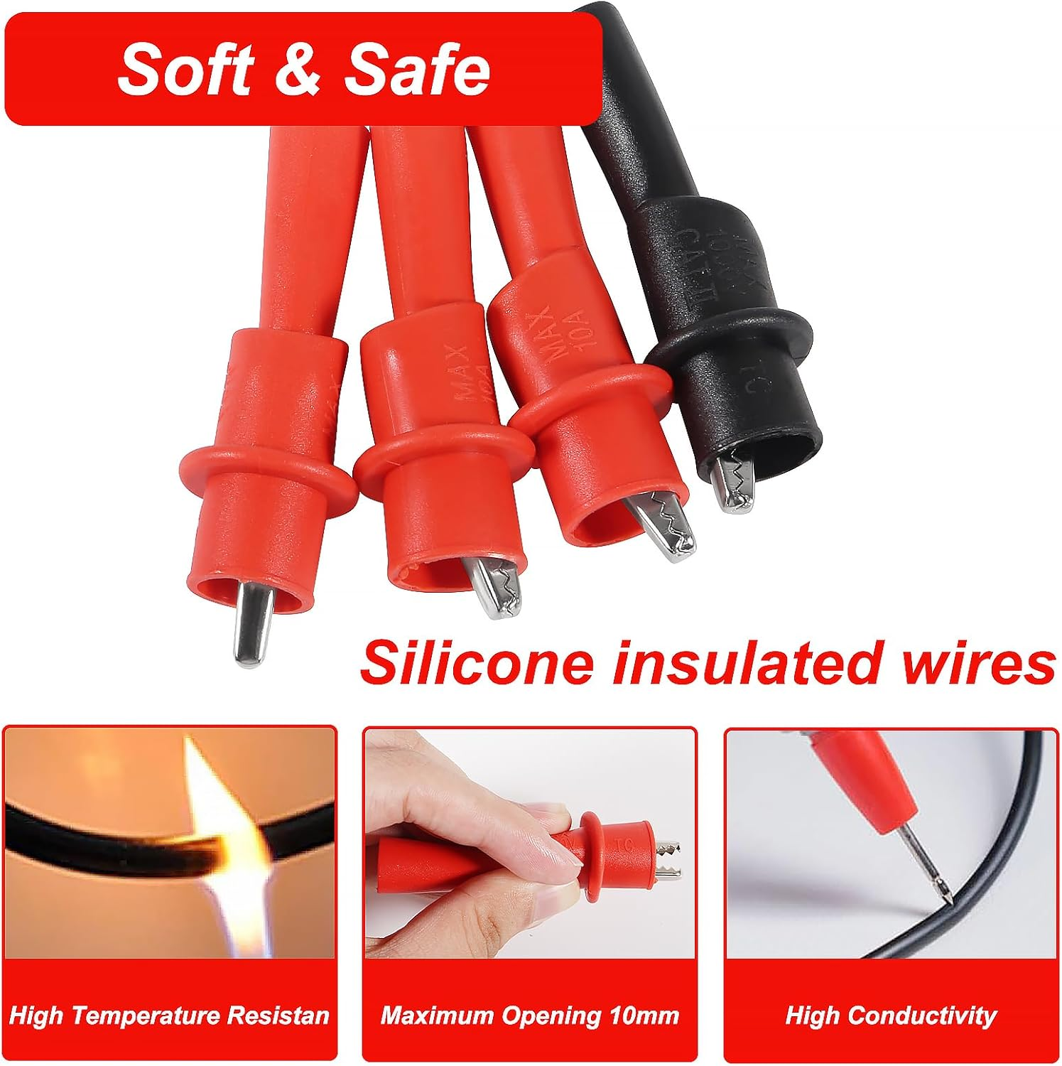 QCCAN Soft Silicone Electrician Test Leads Kit CAT III 1000V, Multimeter Leads 20A, Digital Multimeter Probes Electrical Test Probe, Multimeter Test Leads with 2PCS 1000V 10A Crocodile Clips