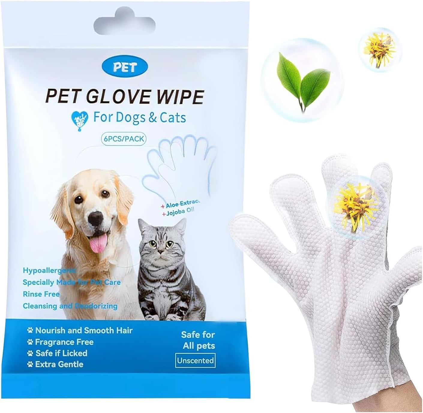 Mumoo Bear 24PCS/4PACK Pet Wipes Gloves Cleaning Wipes Gloves for Dog and Cat,Pet Bathing Wipes with Easy & Effective Cleaning, Pet Disposable Wipes with Deep Cleansing &Nourishing Hair, Safe for Pets