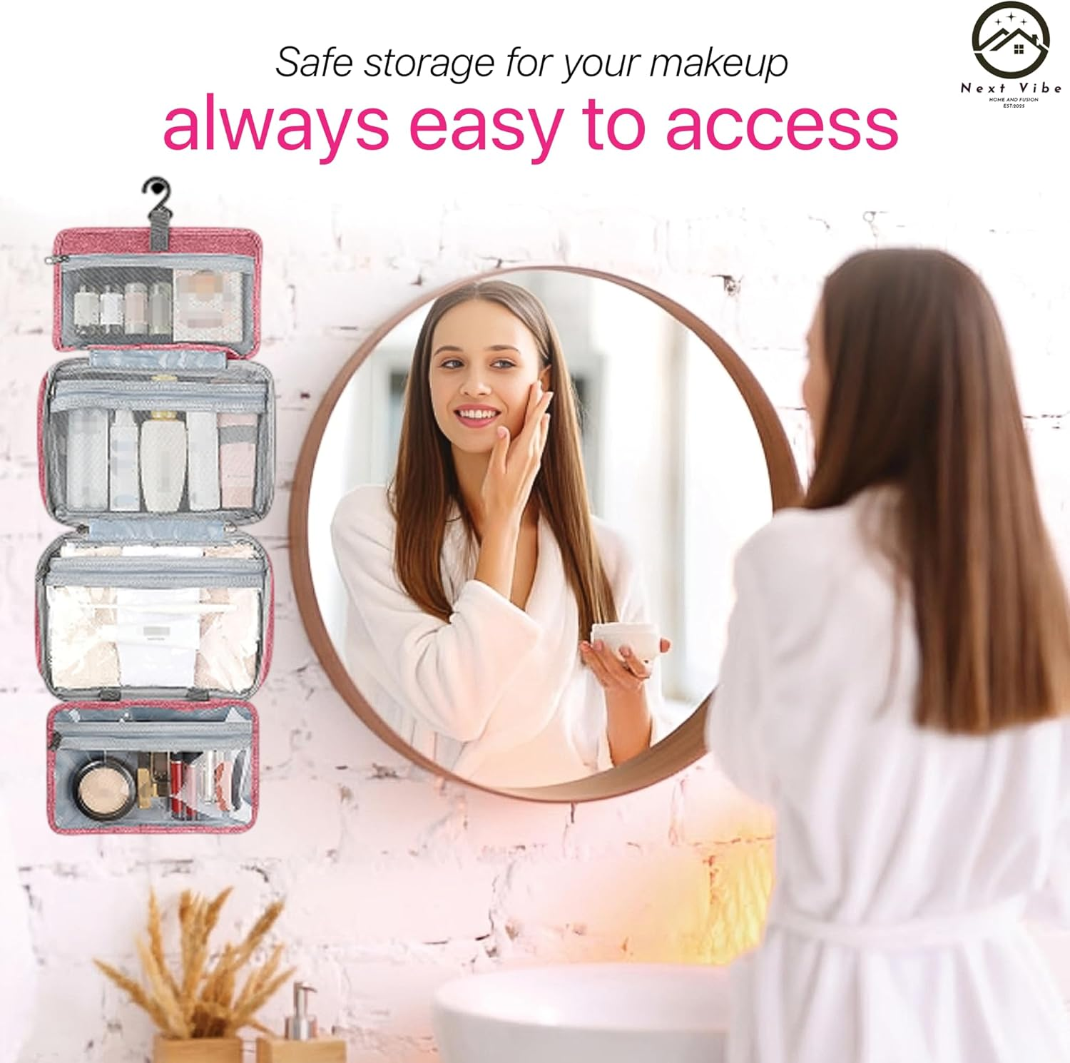 Toiletry Bag for Women in Pink &ndash; Large Travel Makeup Bag with Hanging Hook & Handle, Water-Resistant Organizer for Toiletries & Cosmetics Compact Multi-Pocket Storage Ideal for Travel & Daily Use image number 3