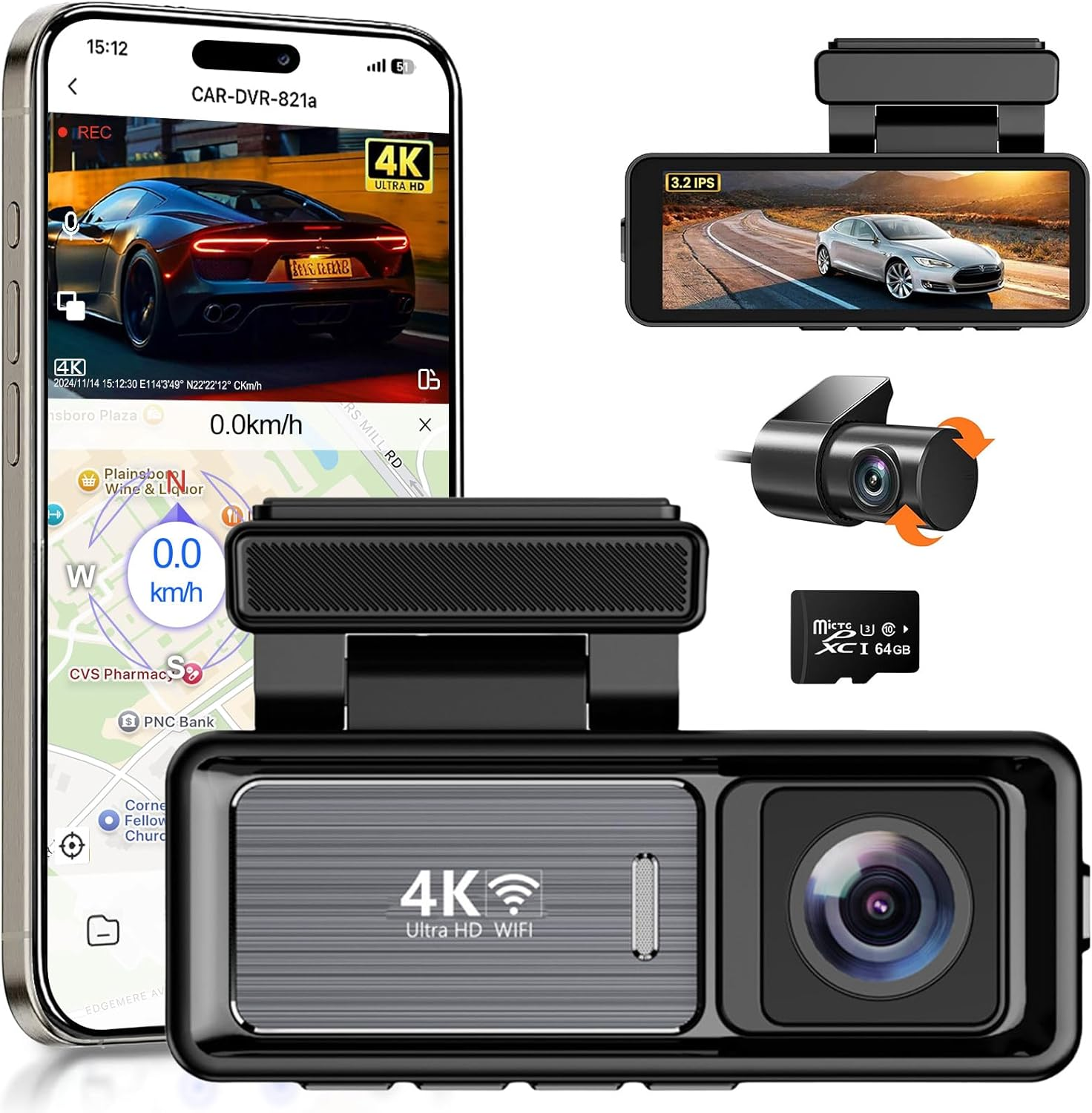 Oolong Dash Cam Front and Rear, 4K+1080P Dashcam with 64GB Card,Car Dash Camera Built-In Wifi, GPS, 24 Hours Parking Monitor,G-Sensor,Wdr, Super Night Vision,Parking Monitor,Loop Recording image number 1