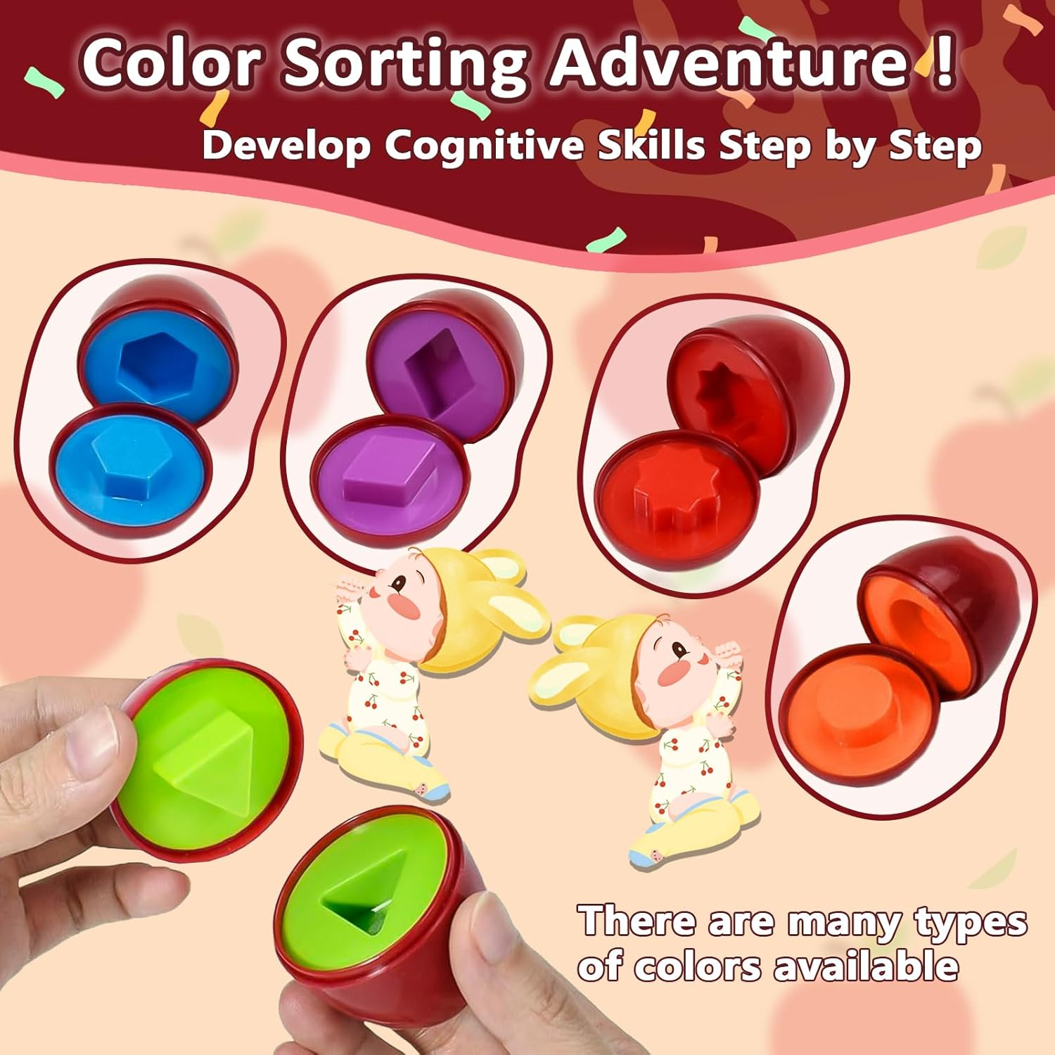 Caunedy 24PCS Apple Shape Sorting & Matching Toys, Color & Shape Recognition Games for Toddlers 3+ Years, Sensory Educational Kit with Apple-Shaped Storage Basket, STEM Toy for Kids